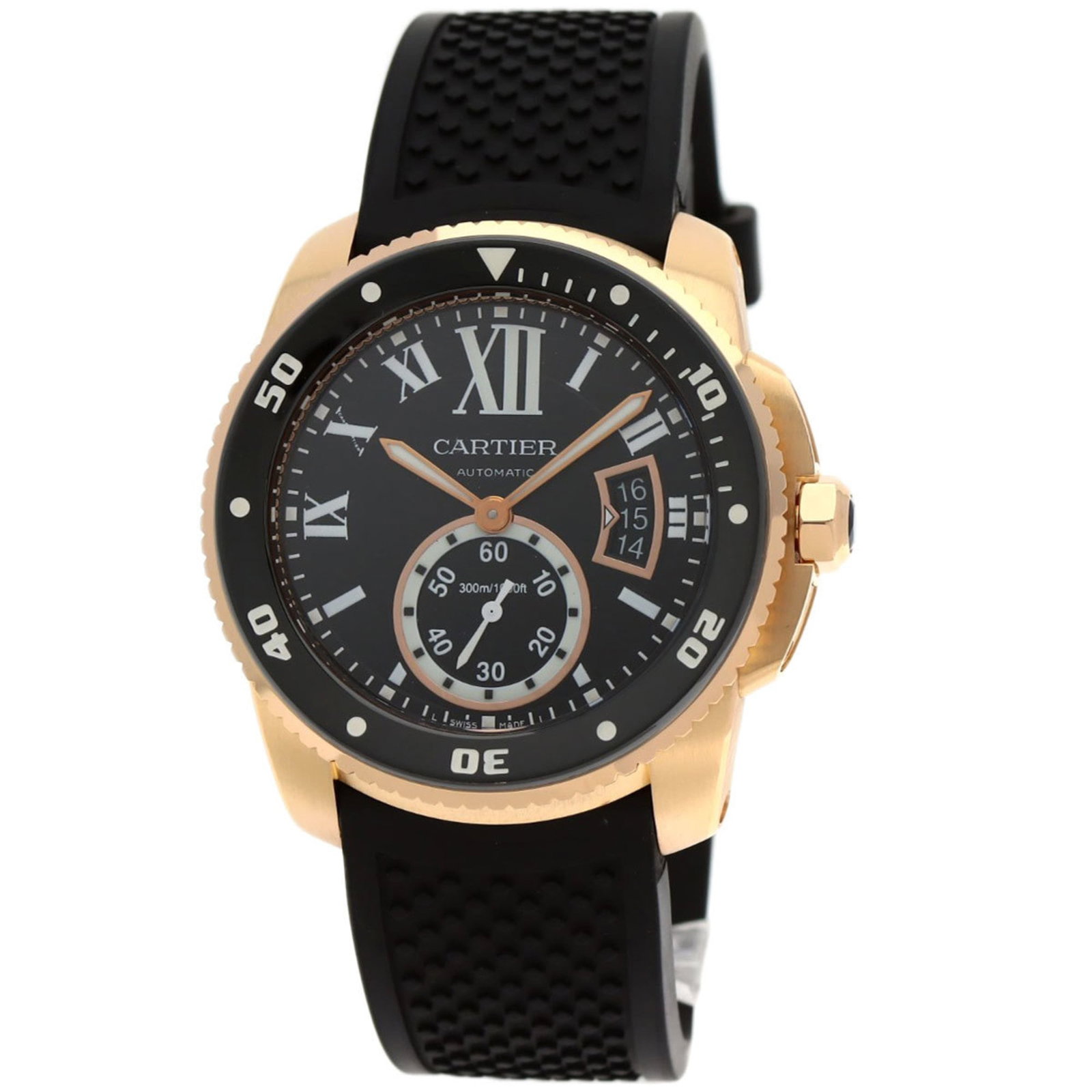 Wristwatch Cartier: Wristwatch Cartier Cartier men's wristwatch featuring an analog display, pink gold (18K) case, and rubber band, with a black dial and case diameter of 47.8mm; used condition with minor scratches. 