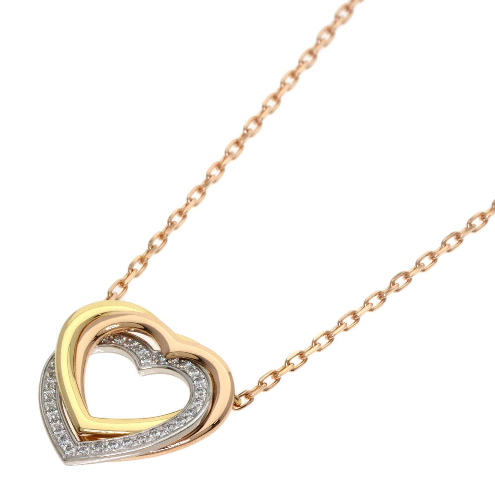Cartier 18K Yellow Gold Trinity Heart Diamond Necklace for Women (18KWG/ 18KPG): Cartier 18K Yellow Gold Trinity Heart Diamond Necklace for Women (18KWG/ 18KPG) Cartier 18K yellow gold Trinity heart diamond necklace for women, made from pink and yellow gold alloy, measuring 41cm