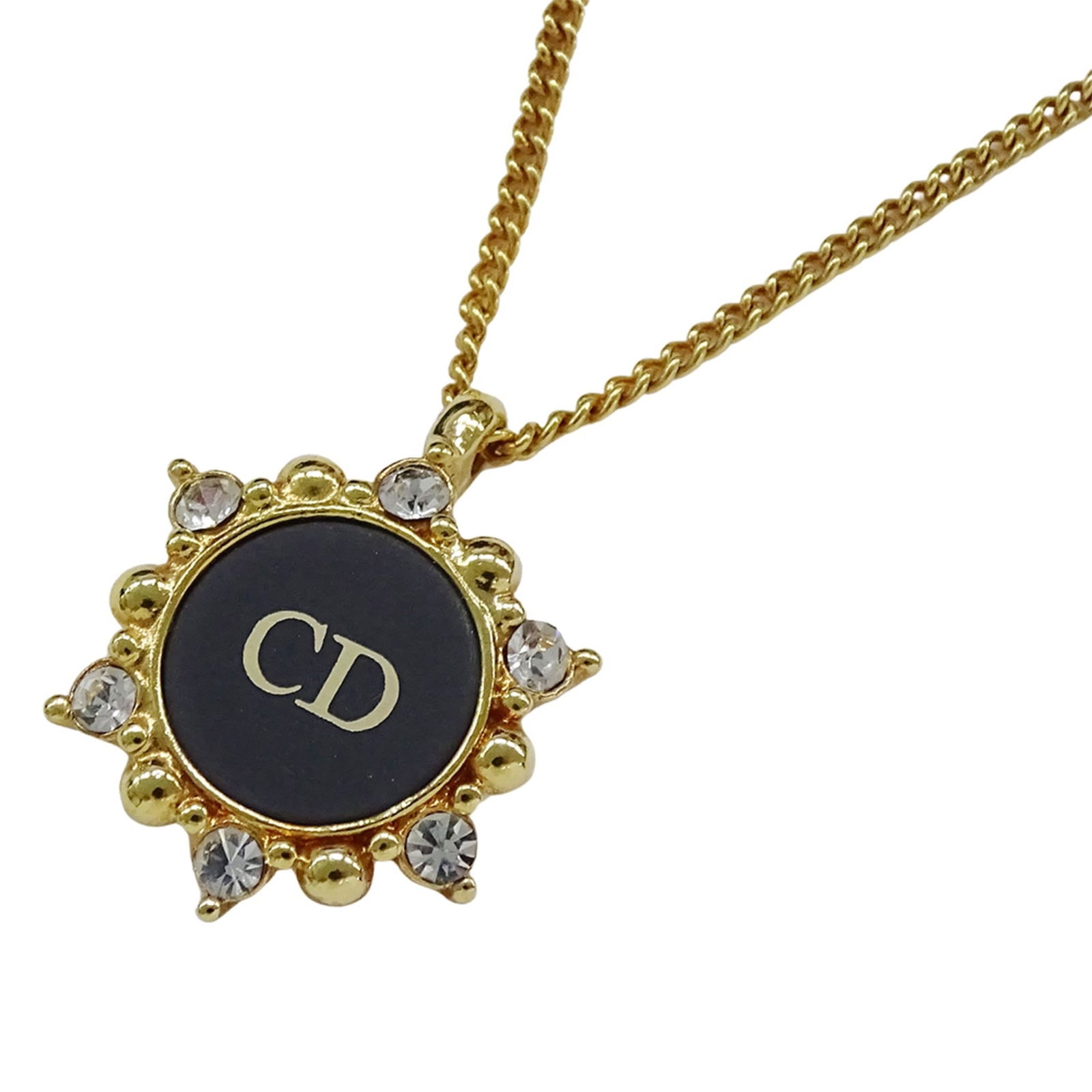 Christian Dior Women's Necklace Gold Plated with Rhinestones and Black CD Logo: Christian Dior Women's Necklace Gold Plated with Rhinestones and Black CD Logo Christian Dior women's necklace made of gold plating and rhinestones, featuring a black CD logo, adjustable from 38.5 cm