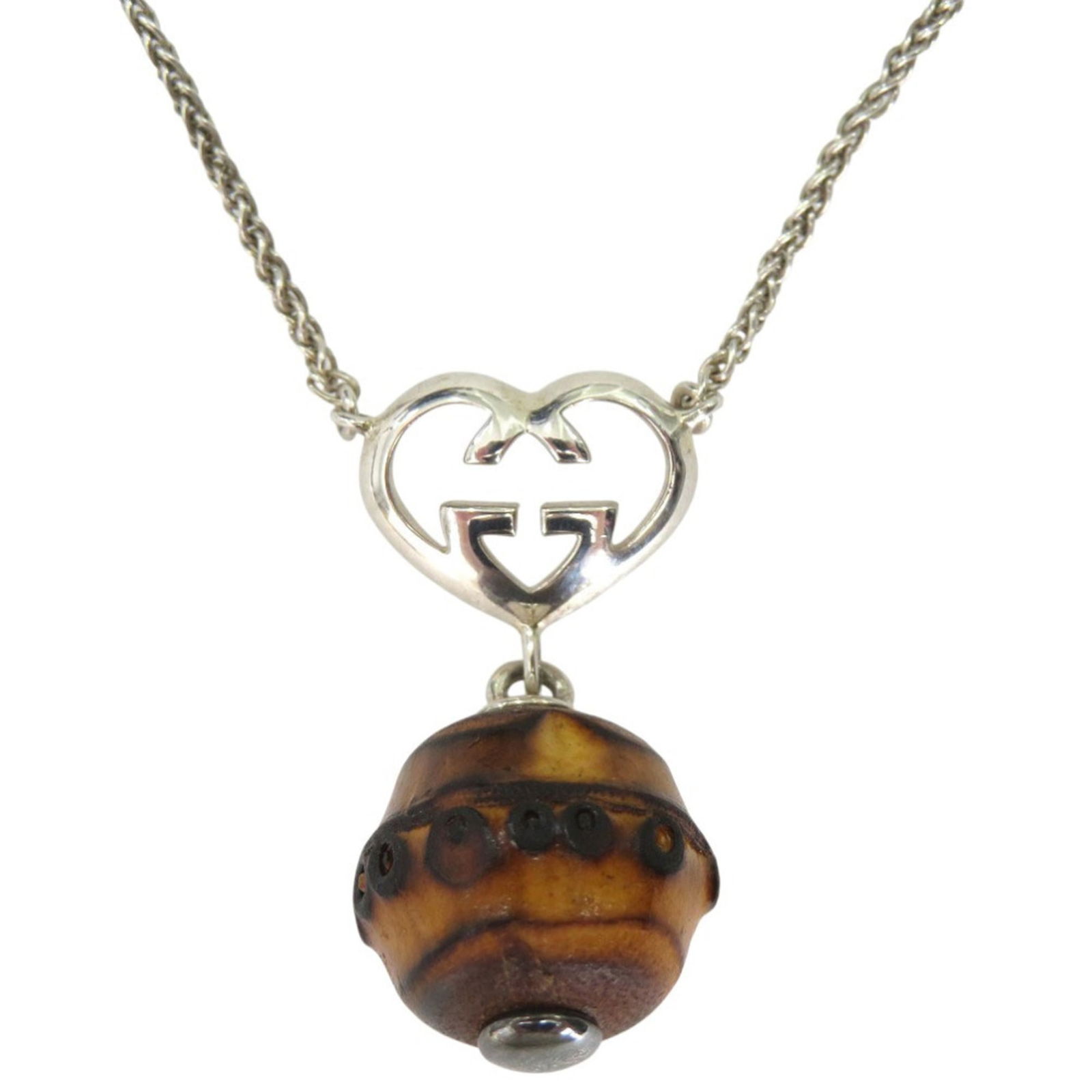 (0530) Gucci Interlocking G Heart Pendant Necklace in Sterling Silver with Bamboo Finish (1 of 10)