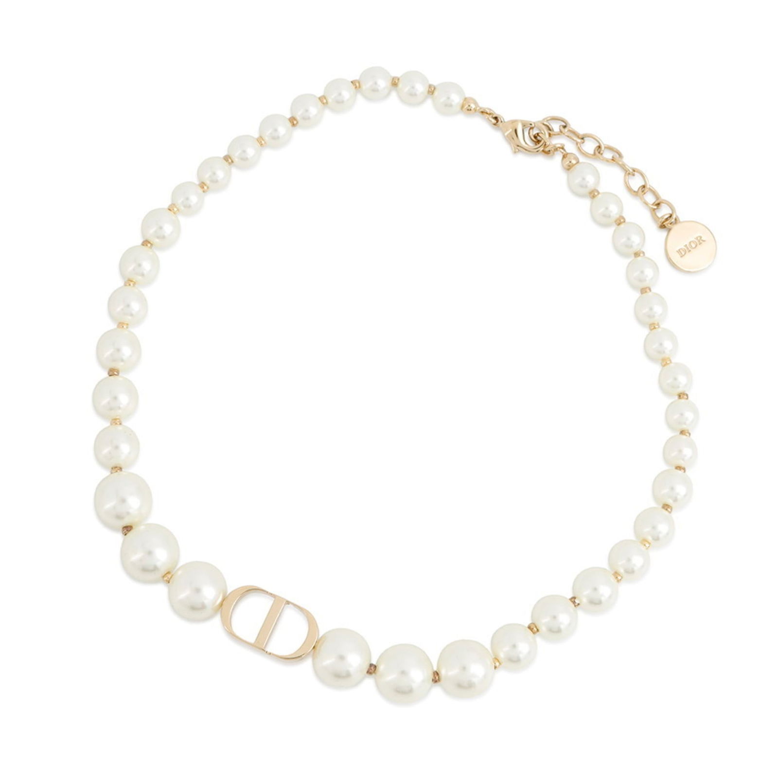 Christian Dior Choker Necklace, Size 30, Montaigne, Faux Pearl, N1116MTGRS_D301: Christian Dior Choker Necklace, Size 30, Montaigne, Faux Pearl, N1116MTGRS_D301 This Christian Dior choker necklace is made of gold-plated material with an artificial pearl, featuring a neck