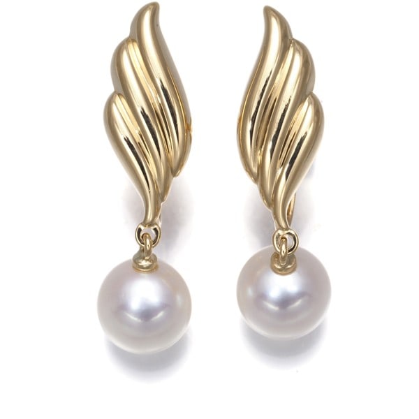 Mikimoto 7.2mm Akoya Pearl Earrings 18K Yellow Gold Feather (1 of 4)