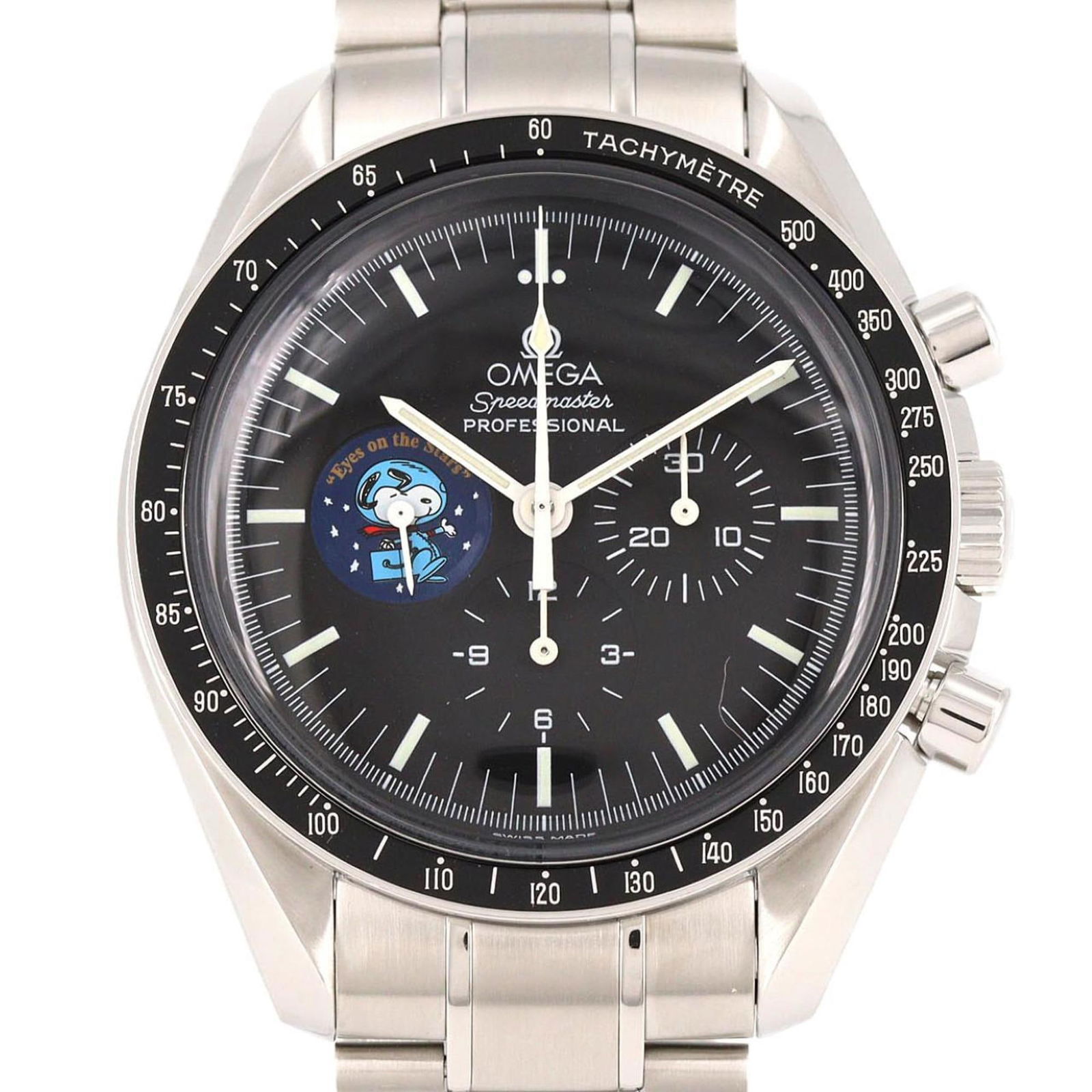 Wristwatch Omega: Wristwatch Omega This Omega wristwatch features a stainless steel case and band, a black dial, a case diameter of 42mm, suitable for wrist sizes up to 20cm, and is in good used condition with traces o