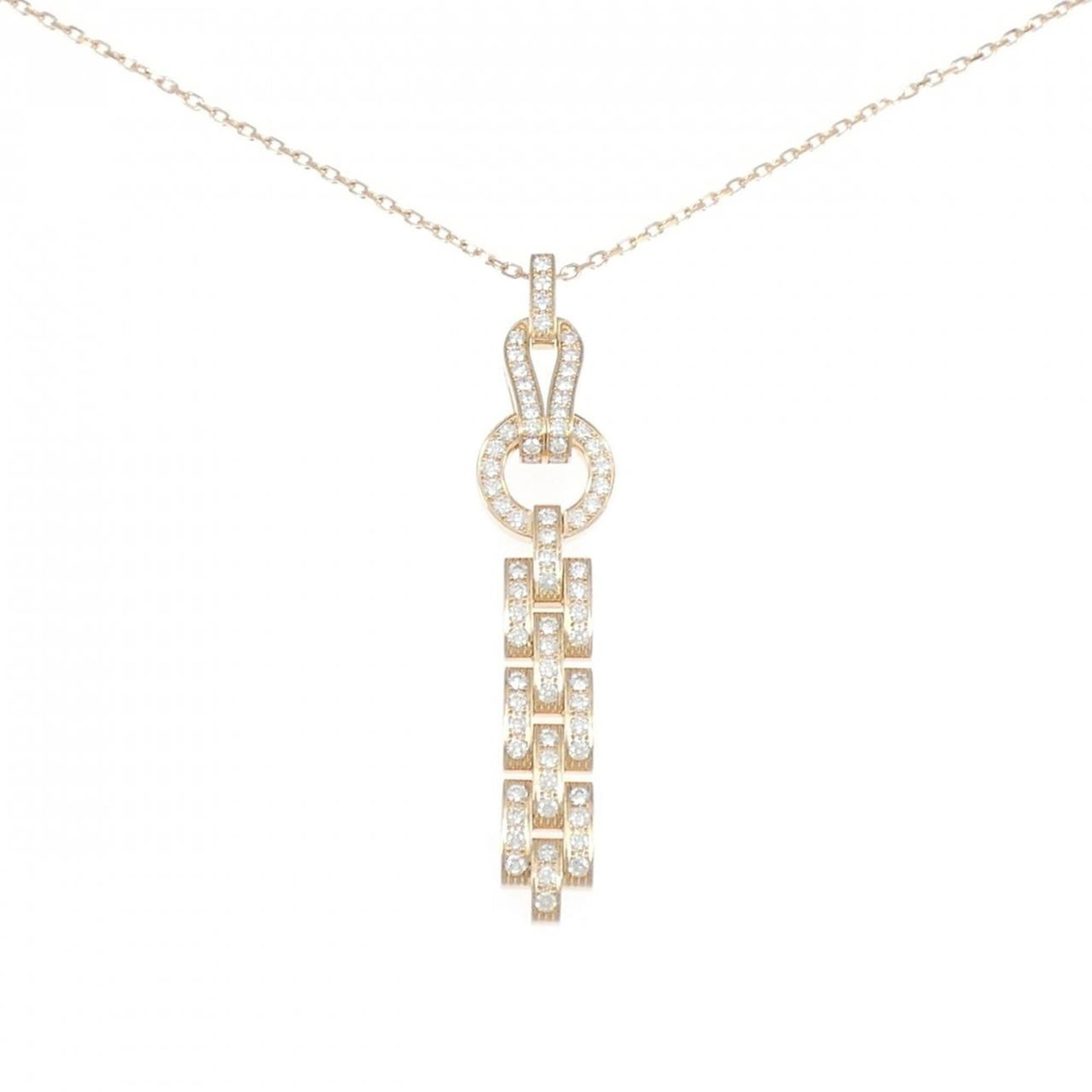 Necklace Cartier Agraffe: Necklace Cartier Agraffe Cartier Agraffe necklace for women, made of 18K pink gold with a diamond pendant, featuring a neck circumference of 40 cm and a pendant size of 67.6mm x 13.4mm; condition is l
