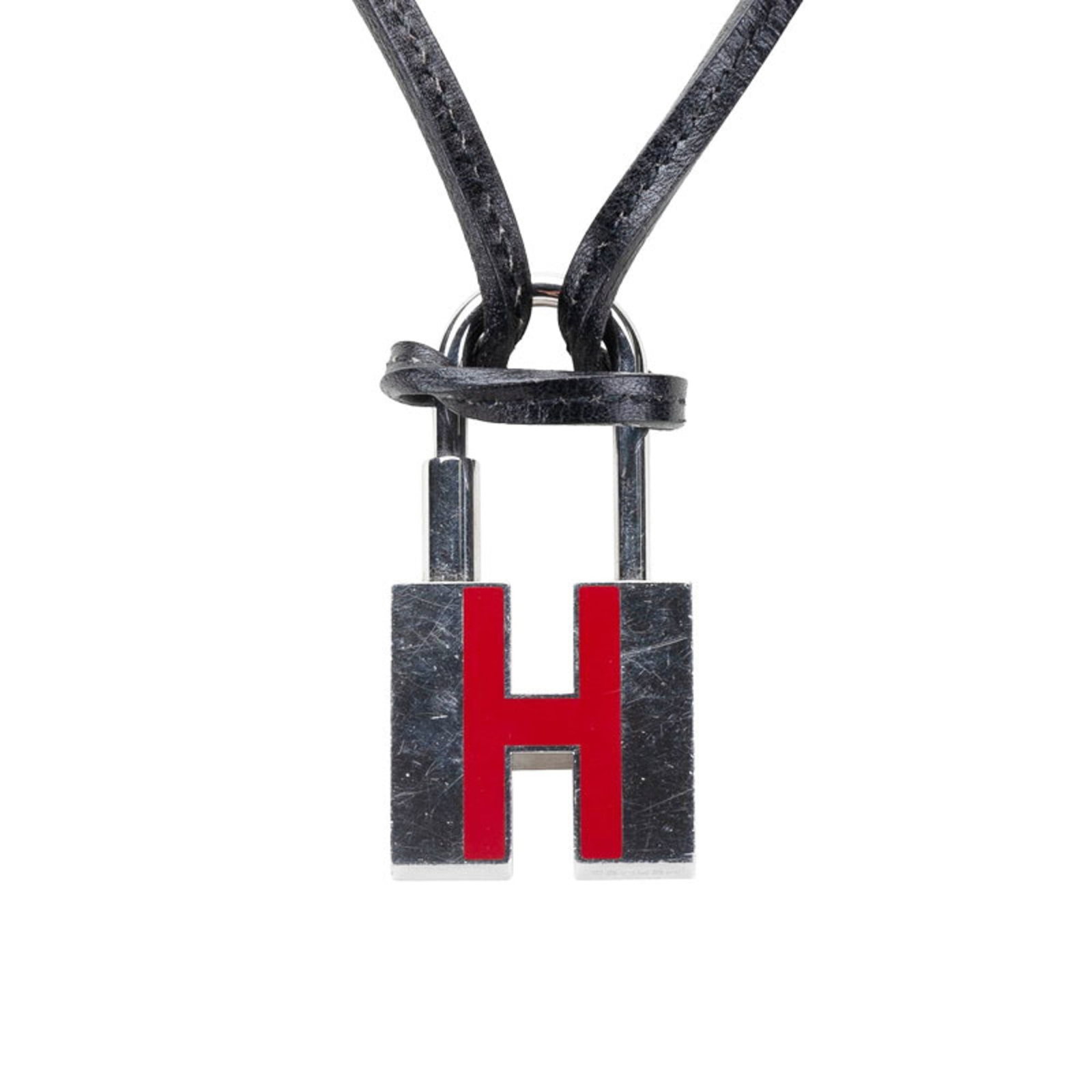 black metal and leather for men. - Hermes Herms H motif padlock necklace in silver - red (1 of 4)