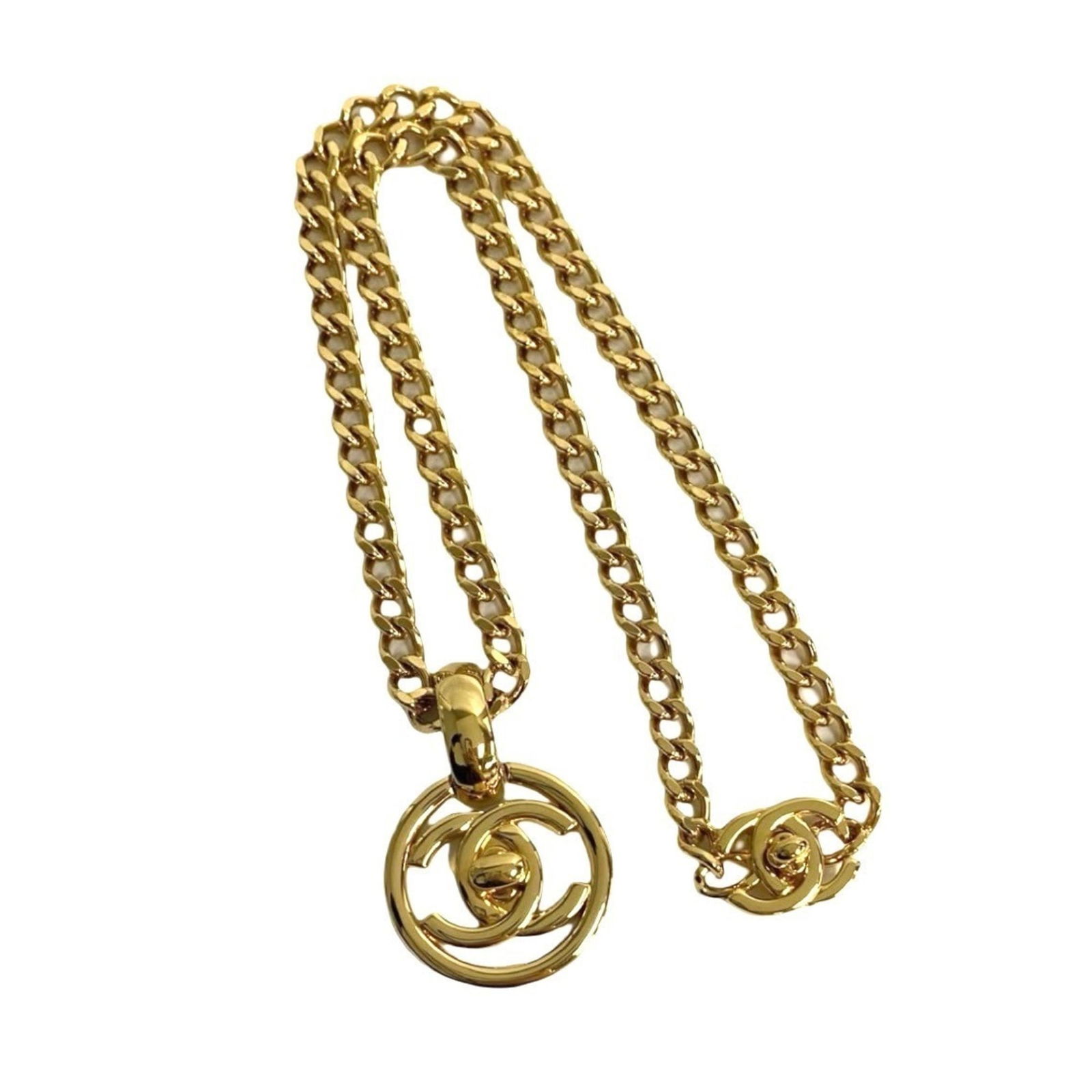 25101 CHANEL Vintage 97P Engraved Turnlock Coco Mark Chain Necklace Pendant Gold (1 of 6)