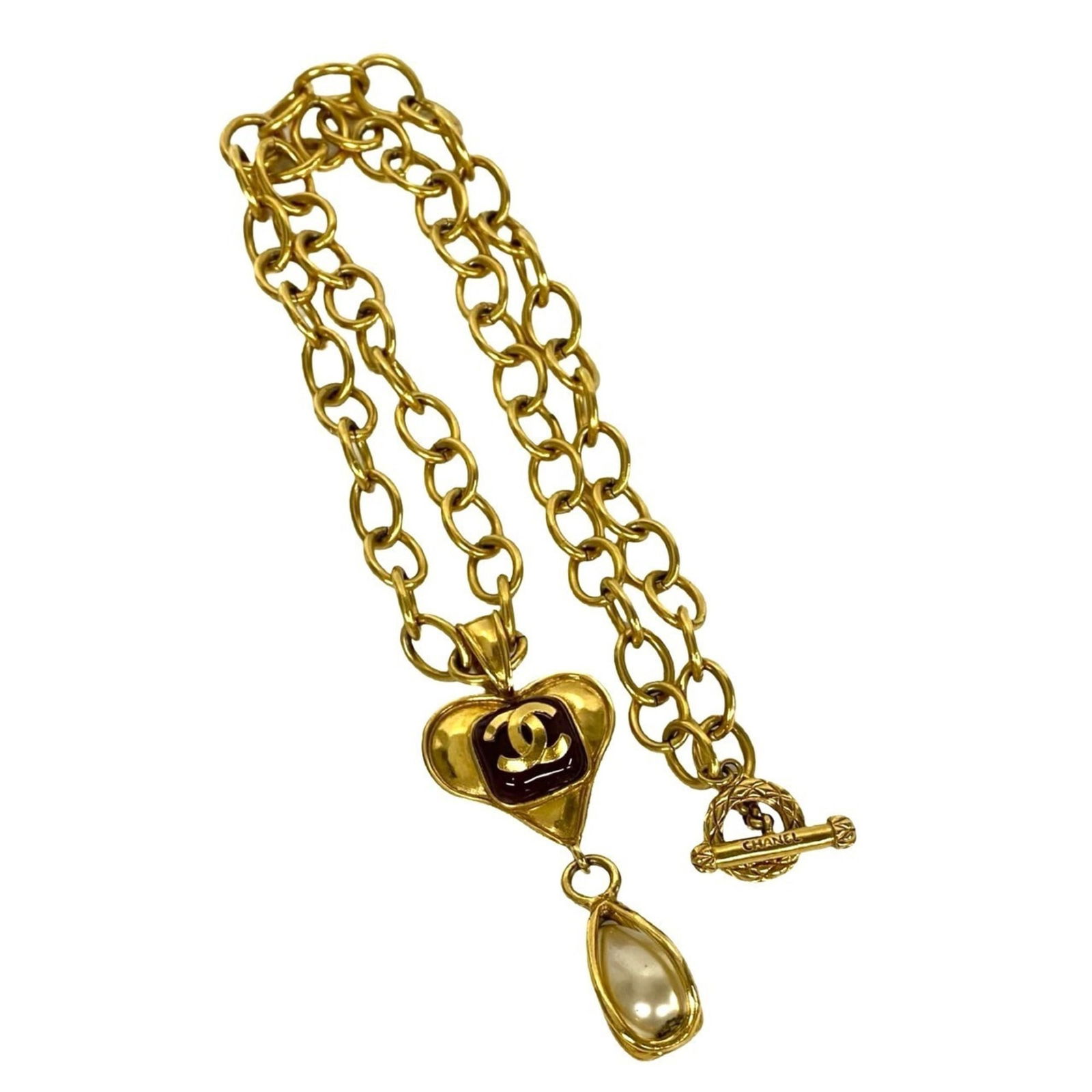27373 CHANEL Vintage 95P Engraved Gripoa Coco Mark Heart Faux Pearl Necklace Pendant Gold (1 of 6)