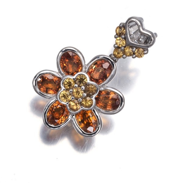 Gold Yellow &Orange Sapphire Diamond Flower Pendant 18K 750 White (1 of 4)