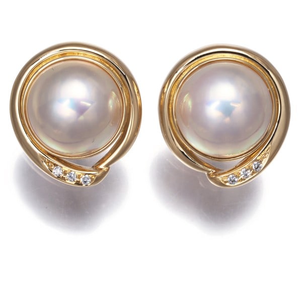 Tasaki 18K YG Earrings Mabe Pearl 13.3mm, Diamond 0.03ct (1 of 5)