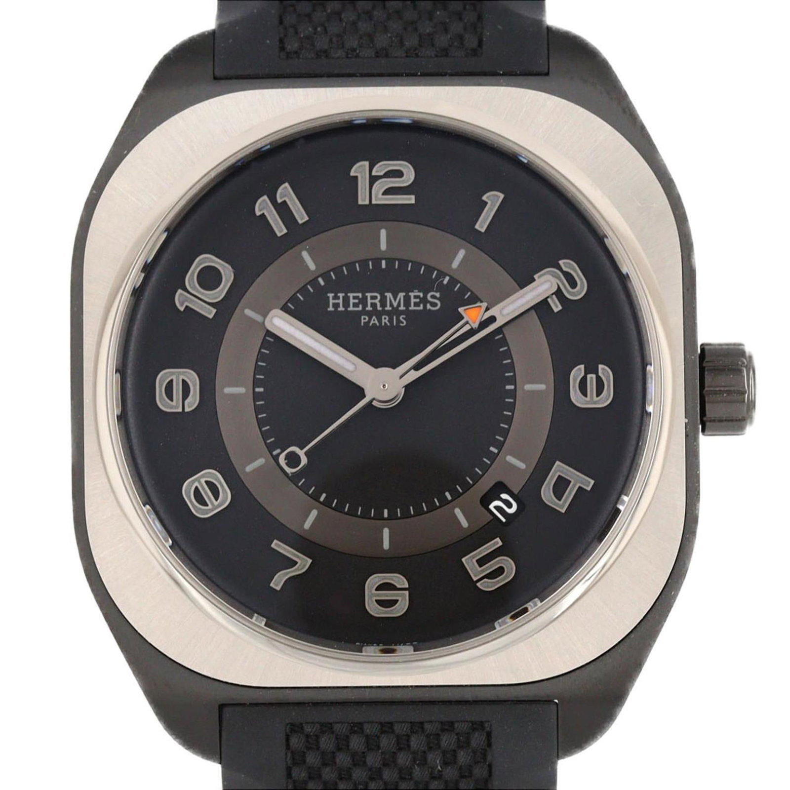 Wristwatch Hermes: Wristwatch Hermes The Hermes Wristwatch for men features a titanium case and rubber band, a black dial, with a case diameter of 39mm; it is in very good used condition with some signs of wear. Item Sp