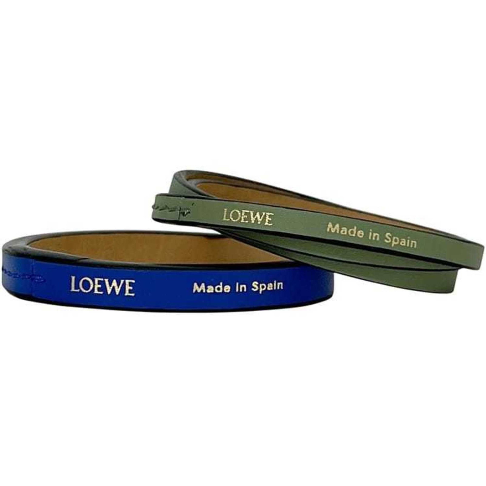 Leather Loewe Charm Bracelet: Leather Loewe Charm Bracelet Loewe Charm Bracelet made of leather in blue, green, and khaki colors, measuring 18.5cm in length and 9mm in width. It is in mint condition, classified as used but like ne