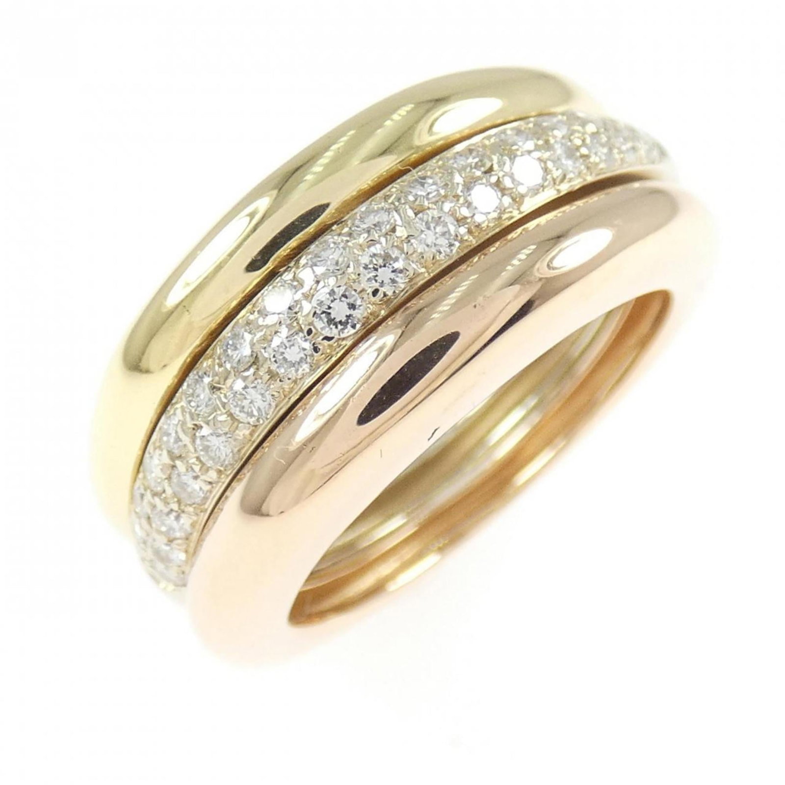 Cartier Band Ring, Pink Gold (18K), White Gold (18K), Yellow Gold (18K): Cartier Band Ring, Pink Gold (18K), White Gold (18K), Yellow Gold (18K) Cartier band ring crafted from 18K pink, white, and yellow gold, featuring a diamond, size 51 (US 6), in very good used conditio