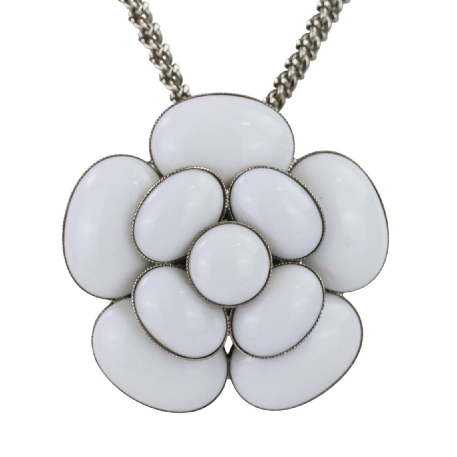 Women 98C CHANEL Camellia Coco Mark Necklace with White Stone and Silver Hardware for: Women 98C CHANEL Camellia Coco Mark Necklace with White Stone and Silver Hardware for Chanel 98C Camellia Coco Mark necklace for women, featuring silver and white design, with a neck circumference of