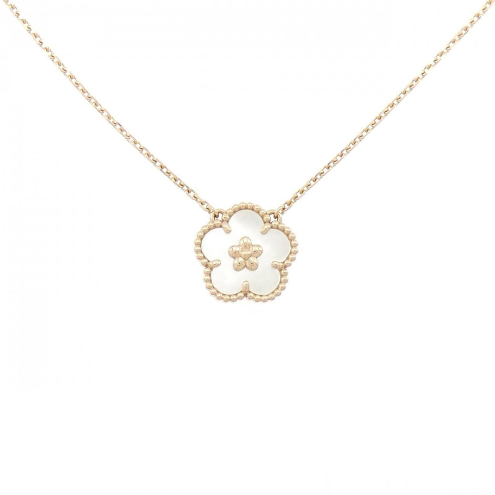 Van Cleef & Arpels Plum Blossom Lucky Spring Necklace: Van Cleef & Arpels Plum Blossom Lucky Spring Necklace Van Cleef & Arpels Plum Blossom Lucky Spring Necklace in pink gold (18K) with a mother of pearl pendant, size 13.6mm x 14.1mm, with a neck circumf