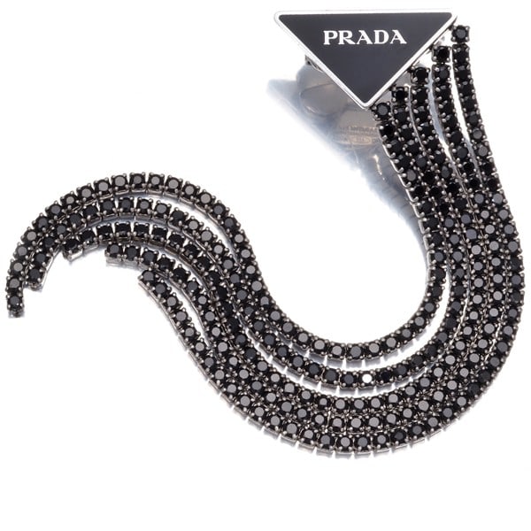 Prada Single Earring Black Imitation Stone Silver 925/ Enamel: Prada Single Earring Black Imitation Stone Silver 925/ Enamel Prada Single Earring made of sterling silver (925) with no main stone, designed as a clip-on style. Originates from Italy. Item
