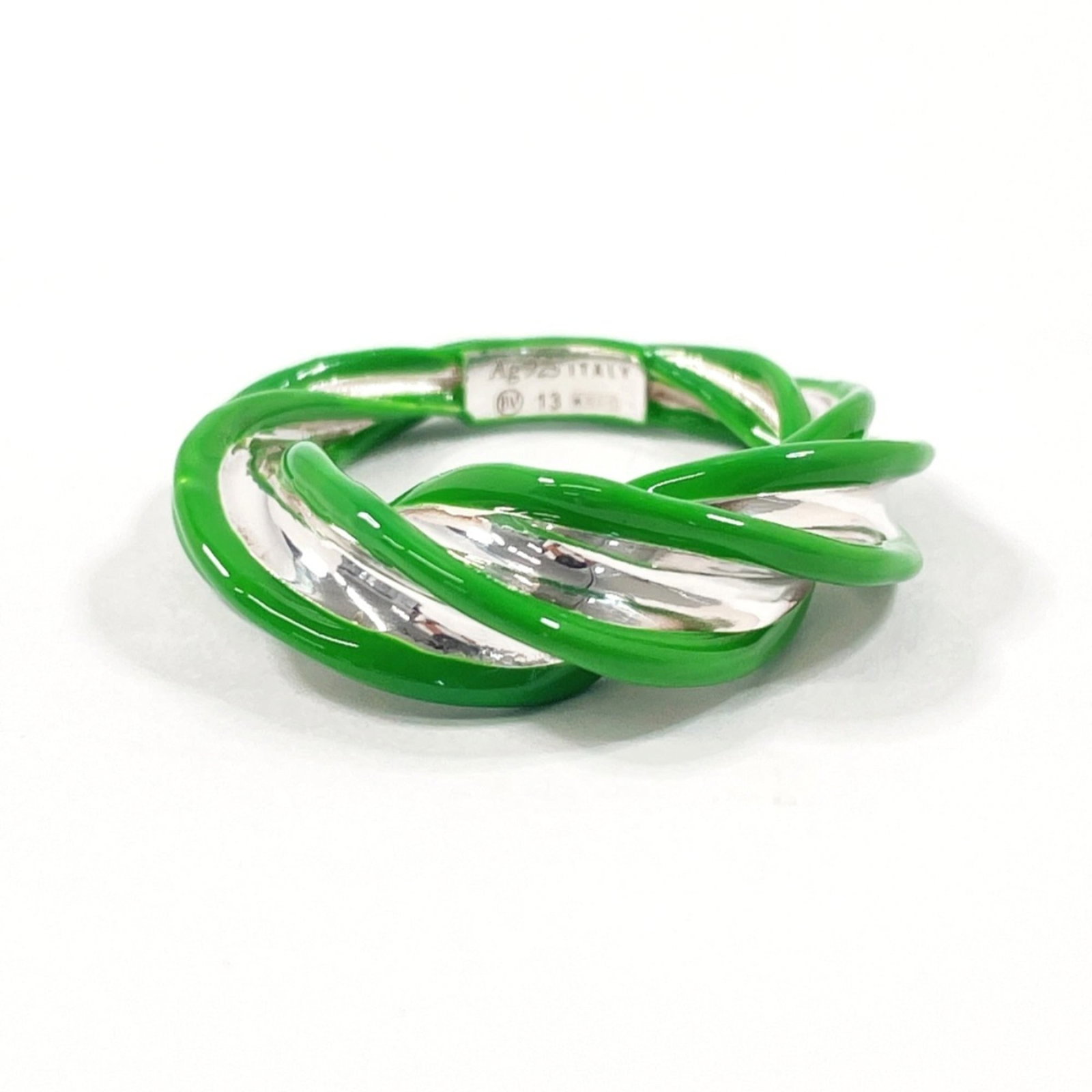 Bottega Veneta Silver 925 Enamel Band Ring: Bottega Veneta Silver 925 Enamel Band Ring Bottega Veneta Silver 925 Enamel Band Ring in green and silver, US size 7, used (like new) condition with hardly any traces of usage. Item Specifics: