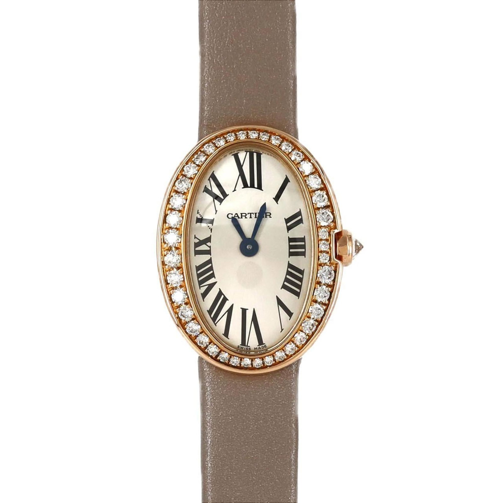 Wristwatch Cartier: Wristwatch Cartier This Cartier wristwatch for women features a pink and rose gold case, a beige band, and a silver dial with a case diameter of 19mm (0.75 inches). It is in very good used condition,