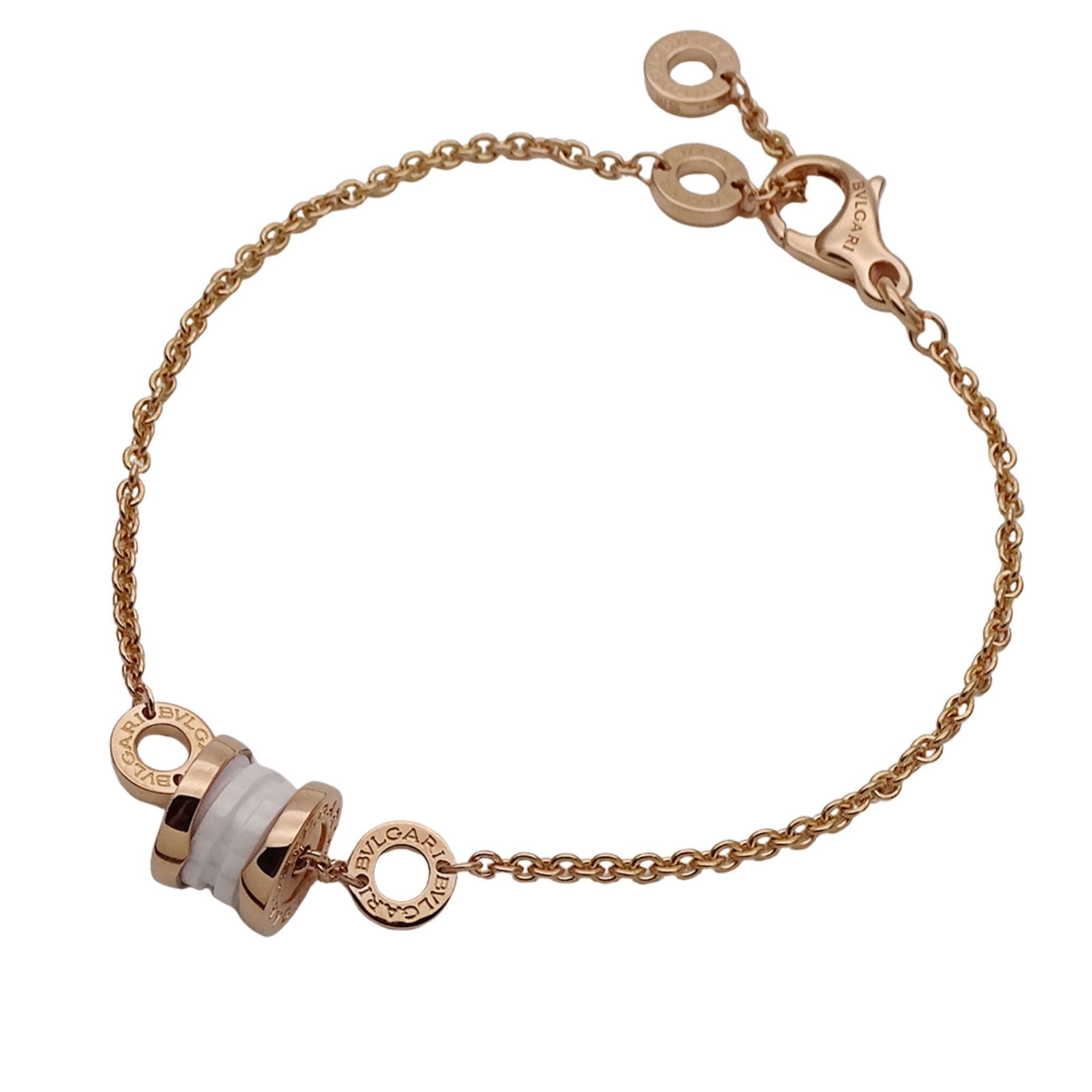Bvlgari Charm Bracelet, Ceramic Pink Gold (18K): Bvlgari Charm Bracelet, Ceramic Pink Gold (18K) The Bvlgari Charm Bracelet is made of ceramic and 18K pink gold, suitable for women, measures 16.5 cm to 18.5 cm in length, and is in like new