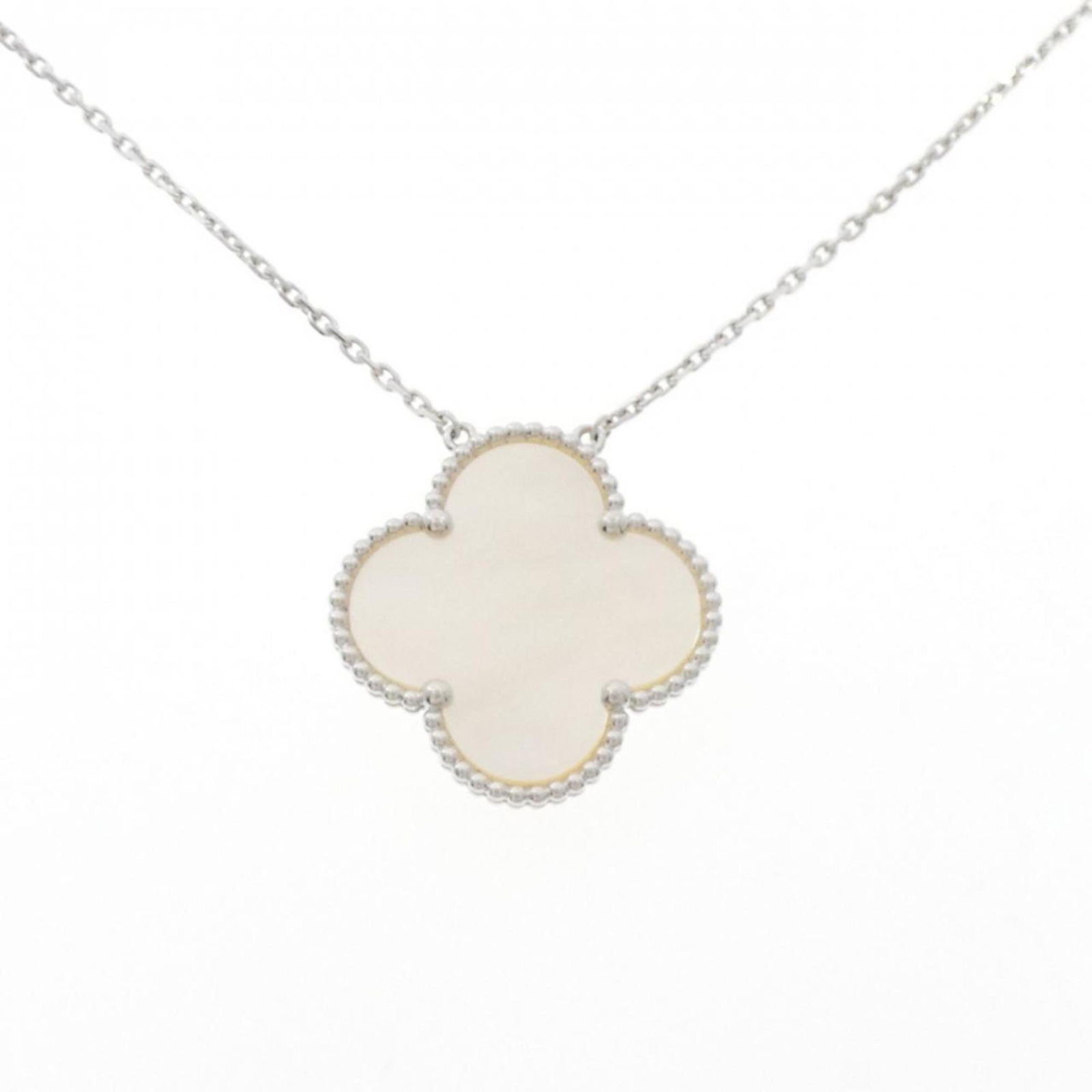 Magic Alhambra Necklace by Van Cleef & Arpels: Magic Alhambra Necklace by Van Cleef & Arpels The Magic Alhambra Necklace by Van Cleef & Arpels is crafted from 18K white gold with a mother of pearl pendant, weighing 10.7g. It measures 37 cm - 42 cm