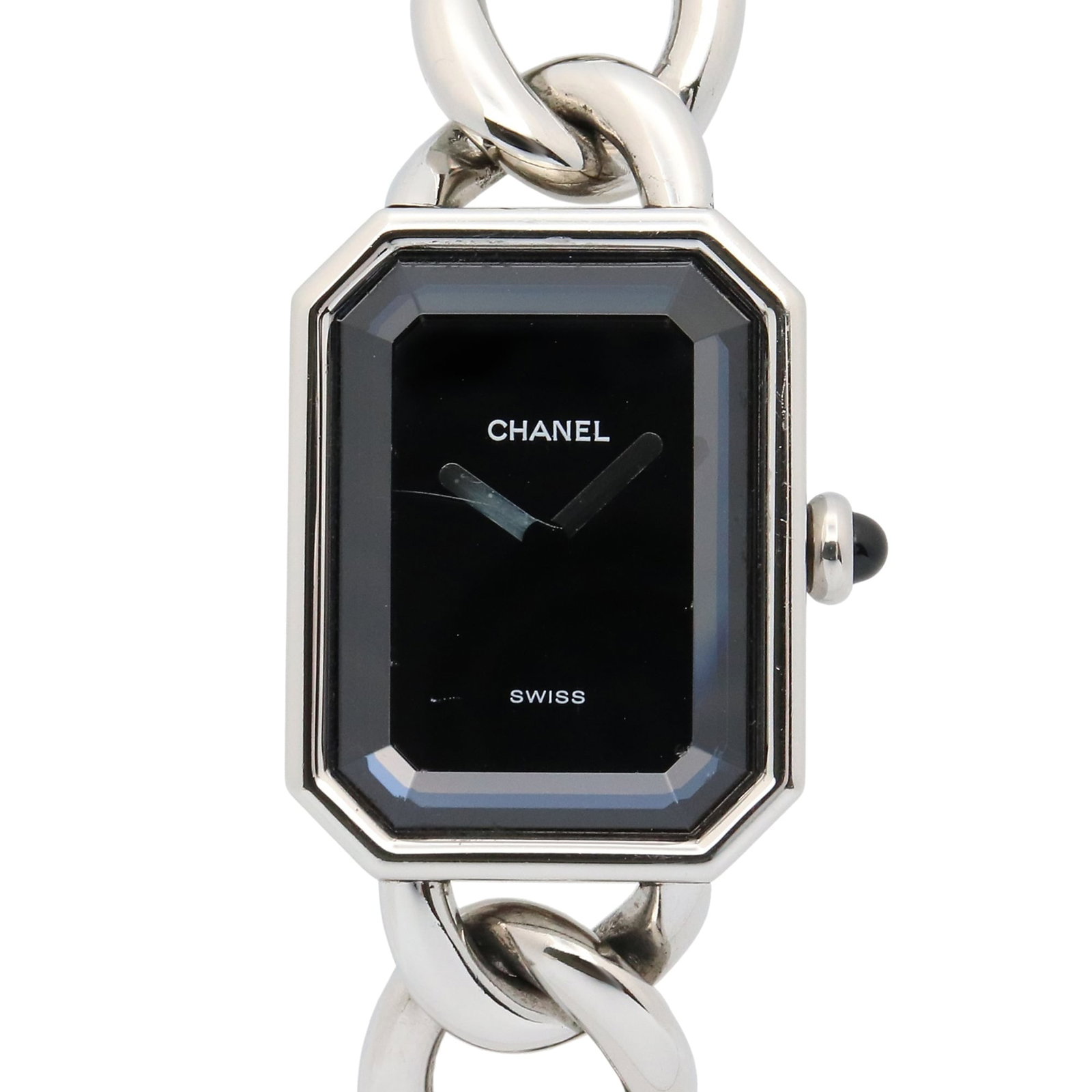 Wristwatch Chanel: Wristwatch Chanel This Chanel Wristwatch for women features a stainless steel case and band, has a black dial, a case diameter of 20mm, and is in very good used condition. Item Specifics: Brand: