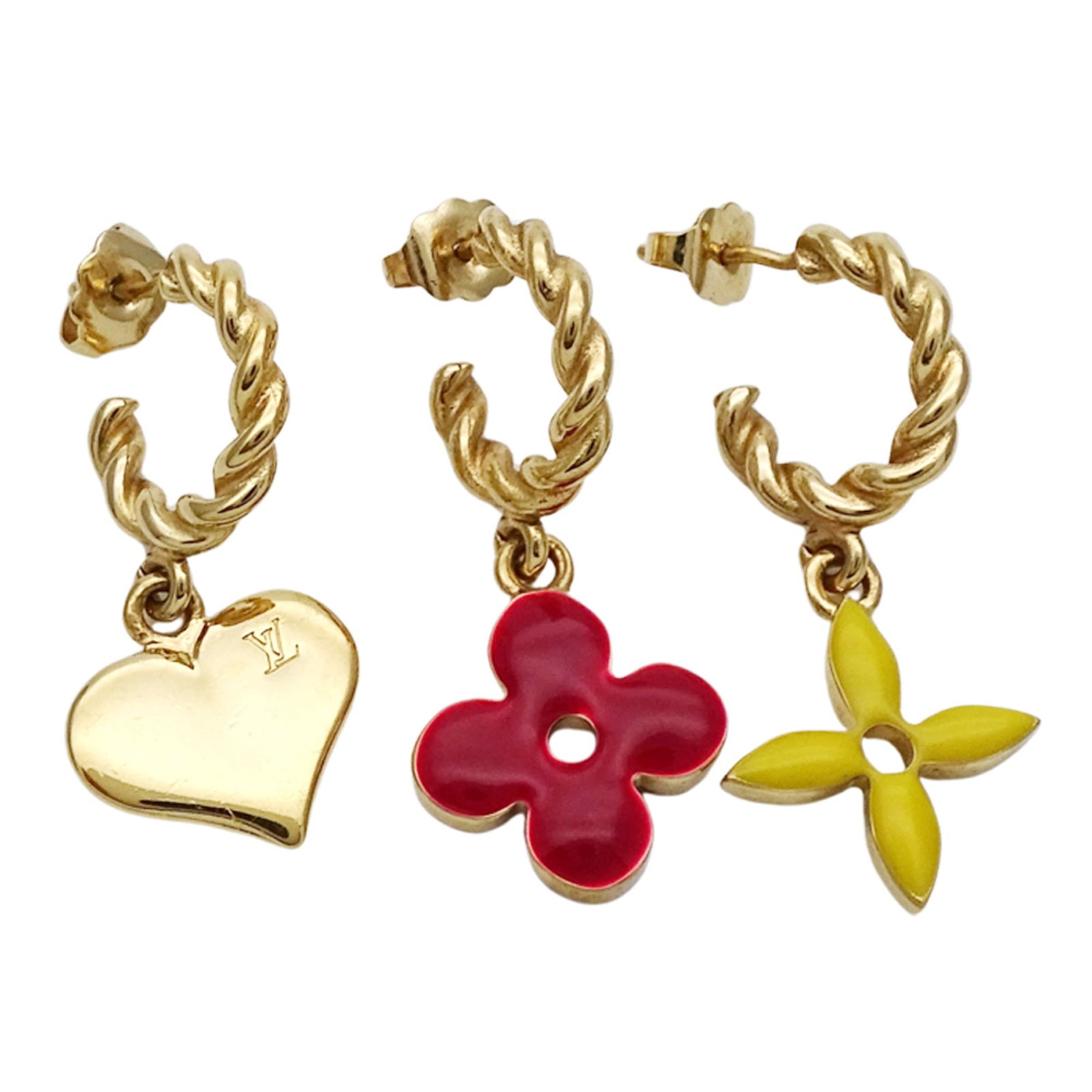 Metal Louis Vuitton Drop Earrings: Metal Louis Vuitton Drop Earrings Louis Vuitton drop earrings made of metal in gold, red, and yellow colors. They are in acceptable used condition with obvious traces of usage and damages. Item Specif