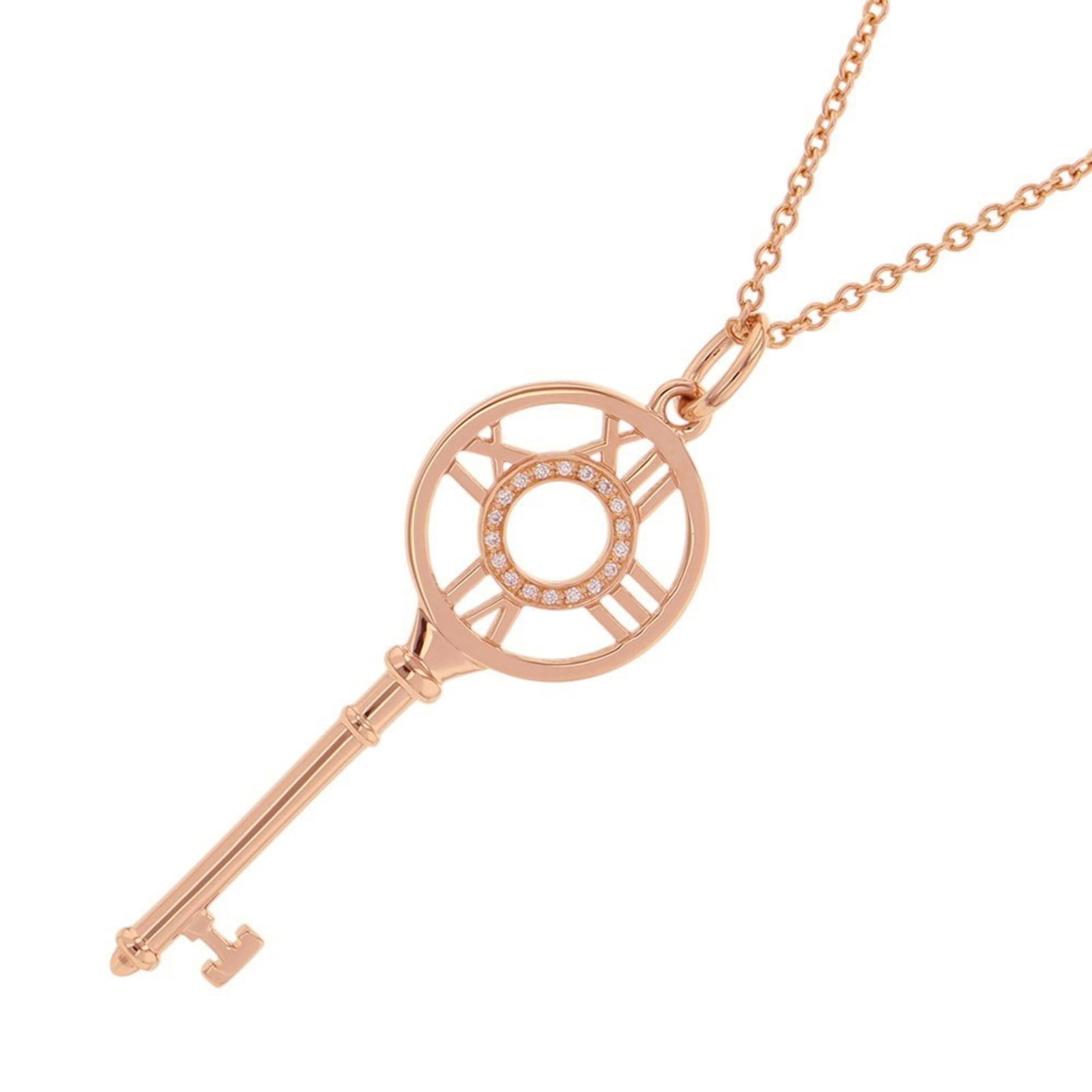 Tiffany & Co. Atlas Key Pendant Necklace with Diamonds, 18K Pink Gold: Tiffany & Co. Atlas Key Pendant Necklace with Diamonds, 18K Pink Gold Tiffany & Co. Atlas Key Pendant Necklace crafted in 18K pink gold features a pendant size of 44.5mm x 16.4mm and a neck