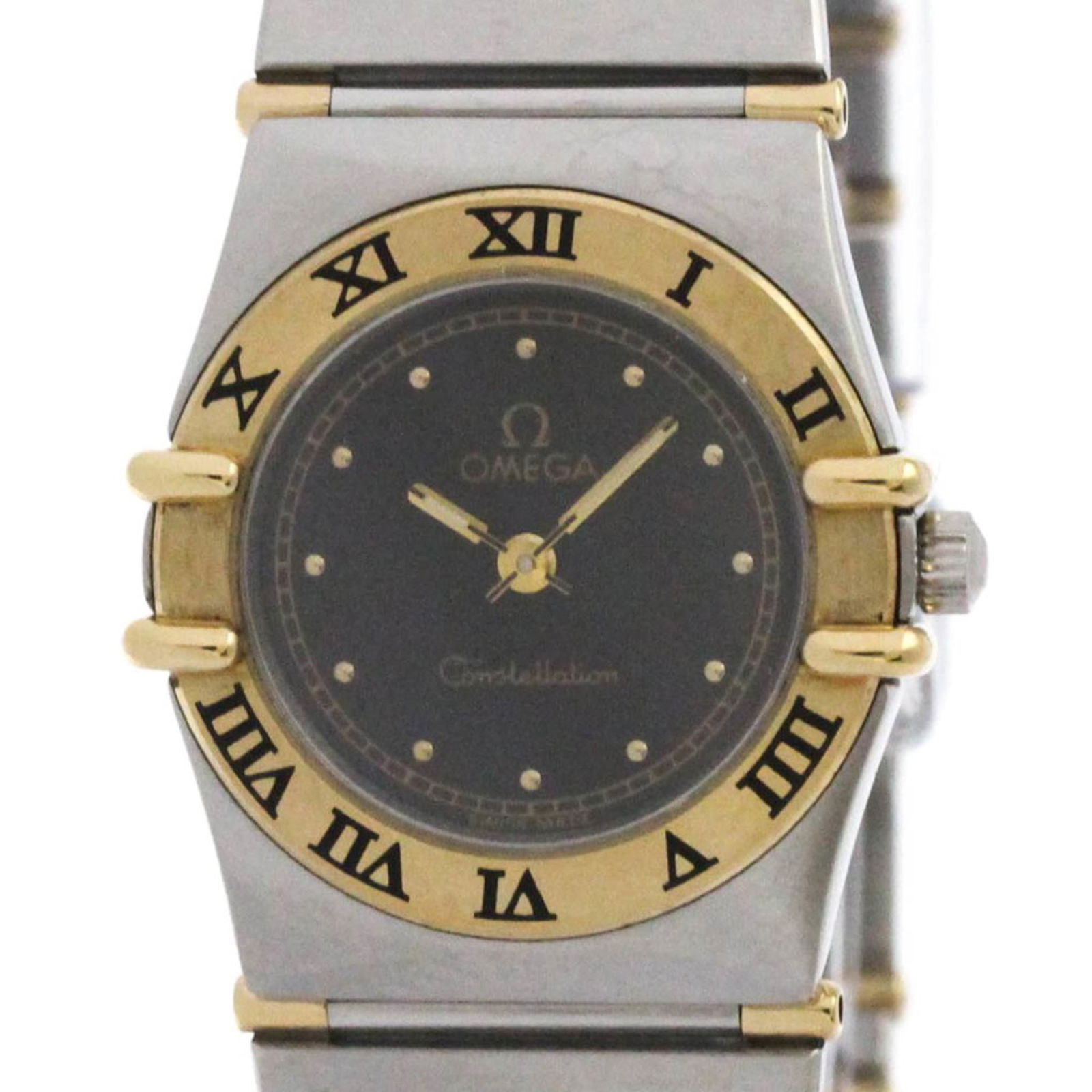 Wristwatch Omega: Wristwatch Omega This Omega wristwatch designed for women has a stainless steel and 18K yellow gold case with a 22mm diameter, featuring a black dial; it is in very good condition with some traces of