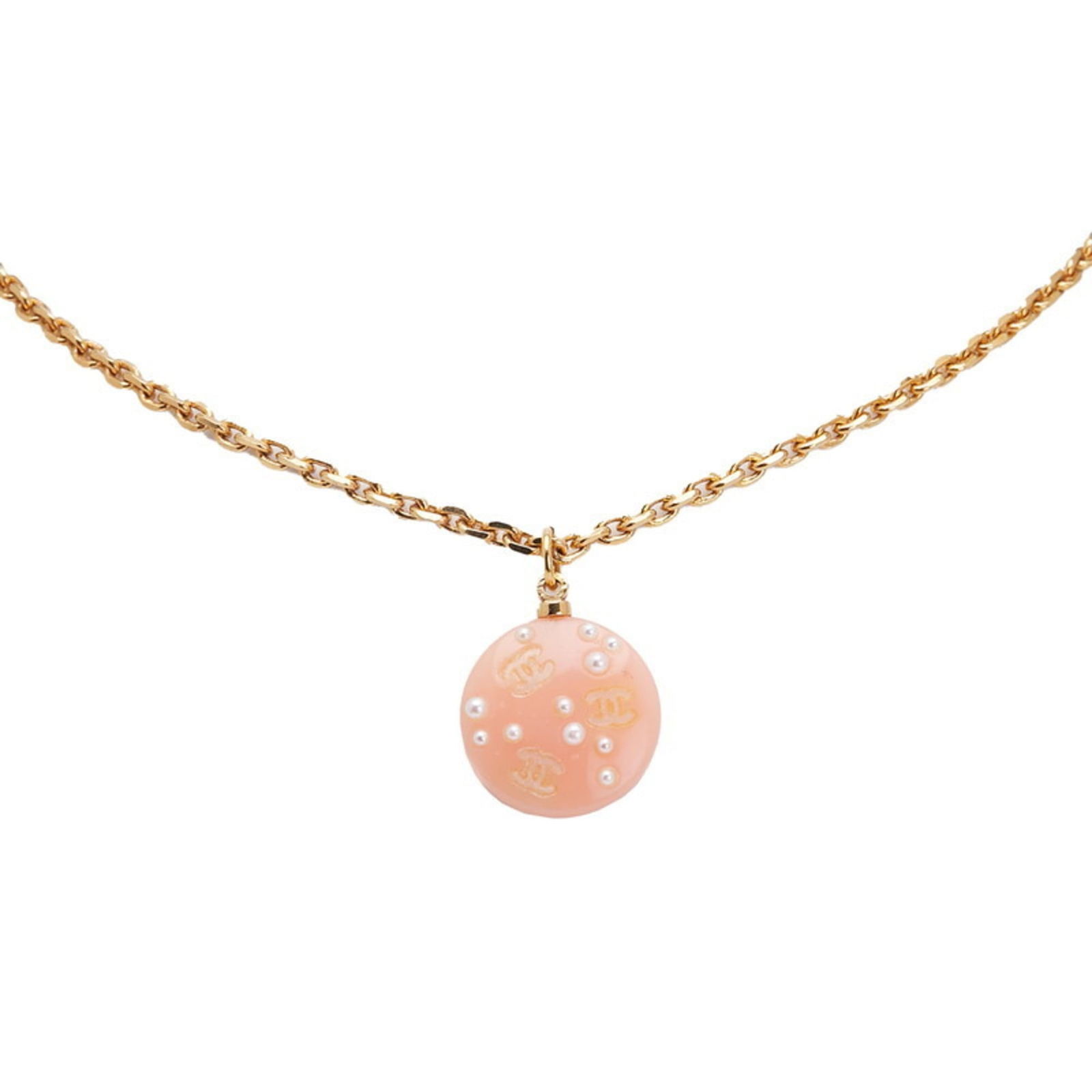 Chanel Coco Mark Faux Pearl Necklace, Gold & Pink Plated, Women's: Chanel Coco Mark Faux Pearl Necklace, Gold & Pink Plated, Women's Chanel Coco Mark faux pearl necklace for women, featuring gold and pink plating, with a neck circumference of 46.5 cm and a pendant si