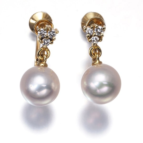 Gold Mikimoto Earrings Akoya Pearl 7.0Mm Diamond Drop 18K 750 Yellow (1 of 5)