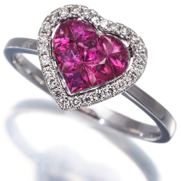 Gold Ruby 0.85Ct Diamond 0.15Ct Heart Ring 18K 750 White (1 of 4)