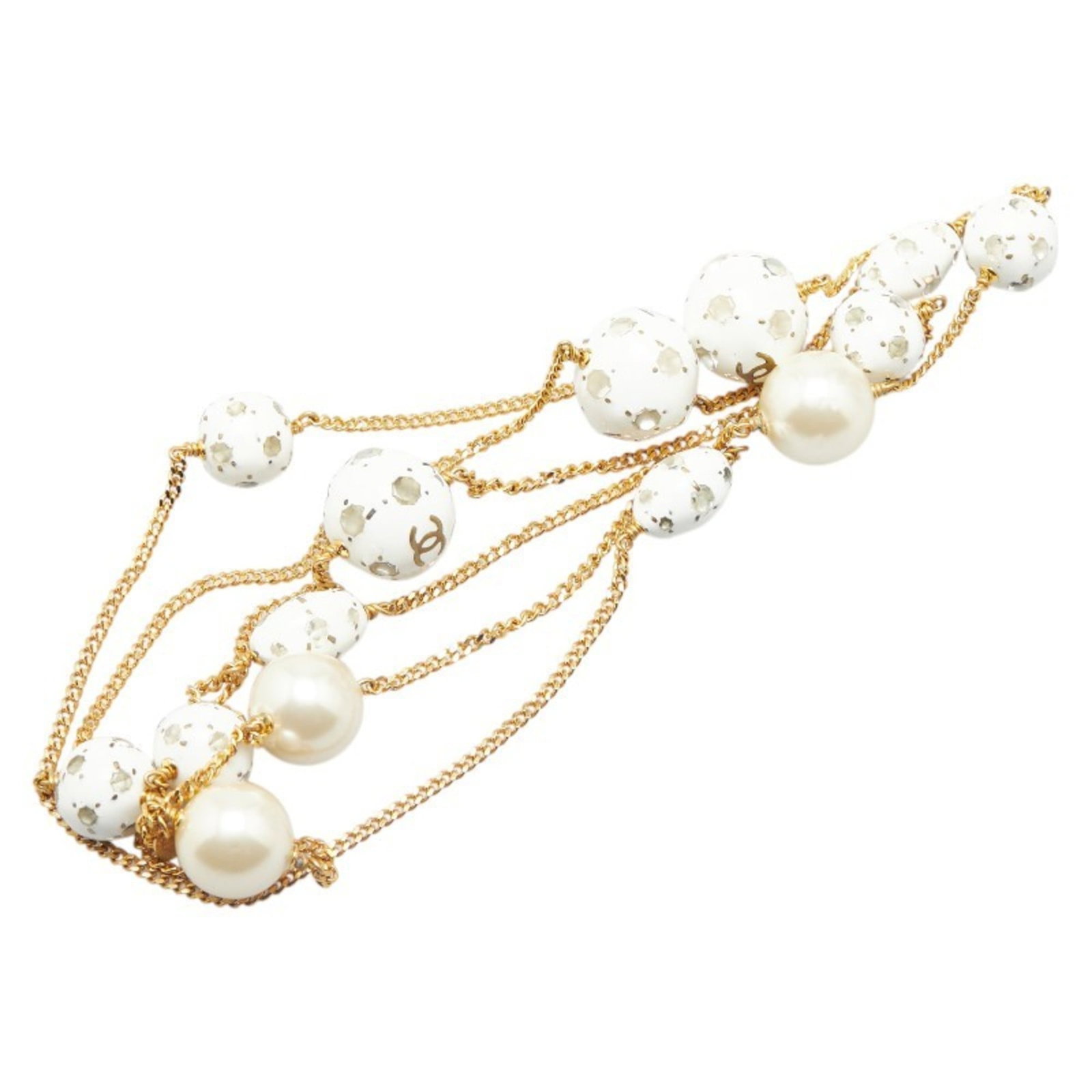 Women's - Chanel Coco Mark Soccer Ball Motif Long Necklace in Gold and White with Faux Pearls: Women's - Chanel Coco Mark Soccer Ball Motif Long Necklace in Gold and White with Faux Pearls This listing features Women's - Chanel Coco Mark Soccer Ball Motif Long Necklace in Gold and White with Fa