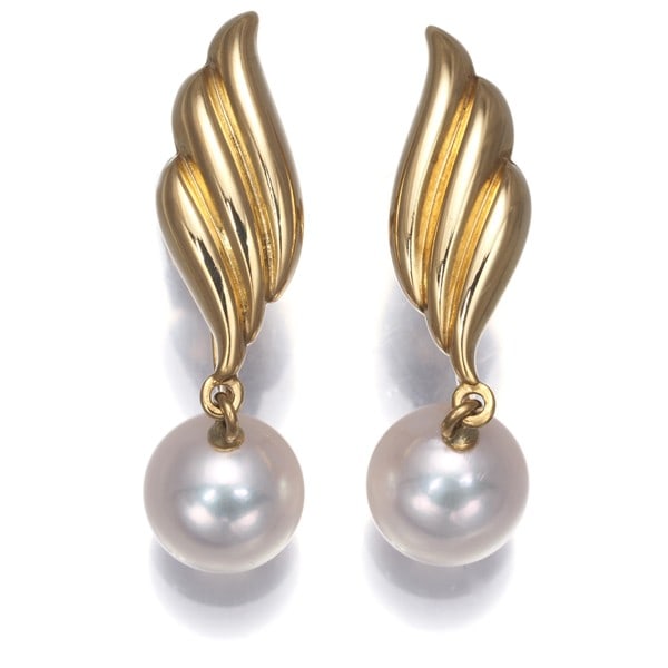 Gold Mikimoto Earrings Akoya Pearl 7.4Mm Feather Drop 18K 750 Yellow (1 of 5)