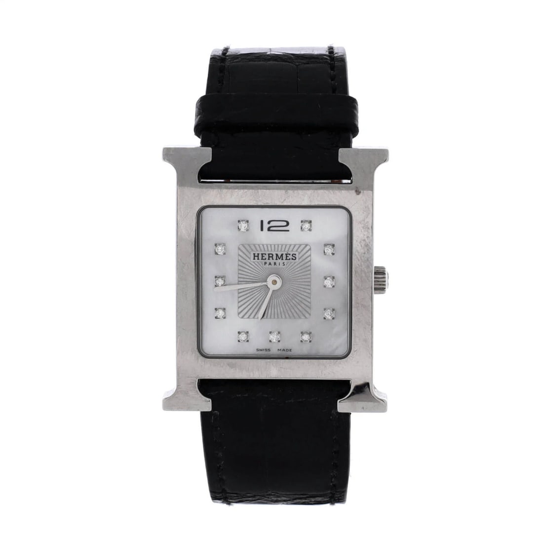 Markers Hermes Heure H Quartz Watch Stainless Steel and Alligator with Diamond: Markers Hermes Heure H Quartz Watch Stainless Steel and Alligator with Diamond This listing features Markers Hermes Heure H Quartz Watch Stainless Steel and Alligator with Diamond. Item specifics are