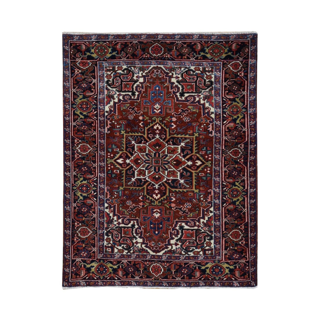 Rug 4'7"x6'8" Red Semi Antique Zoroastrian Heris Hand Knotted Pure Wool: Rug 4'7"x6'8" Red Semi Antique Zoroastrian Heris Hand Knotted Pure Wool This listing features Rug 4'7"x6'8" Red Semi Antique Zoroastrian Heris Hand Knotted Pure Wool. Item specifics are provided below