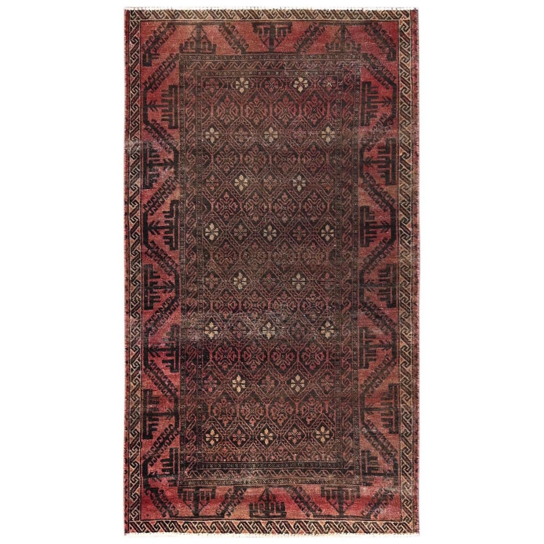 Wool 3'5"x6'4" Brown Antique Balooch with Repetitive Design Hand Knotted: Wool 3'5"x6'4" Brown Antique Balooch with Repetitive Design Hand Knotted This listing features Wool 3'5"x6'4" Brown Antique Balooch with Repetitive Design Hand Knotted. Item specifics are provided