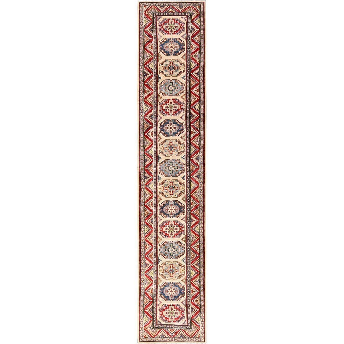 Runner 3'x15'5" Ivory Kazak with Geometric Design Rug Hand Knotted Wool: Runner 3'x15'5" Ivory Kazak with Geometric Design Rug Hand Knotted Wool This listing features Runner 3'x15'5" Ivory Kazak with Geometric Design Rug Hand Knotted Wool. Item specifics are provided