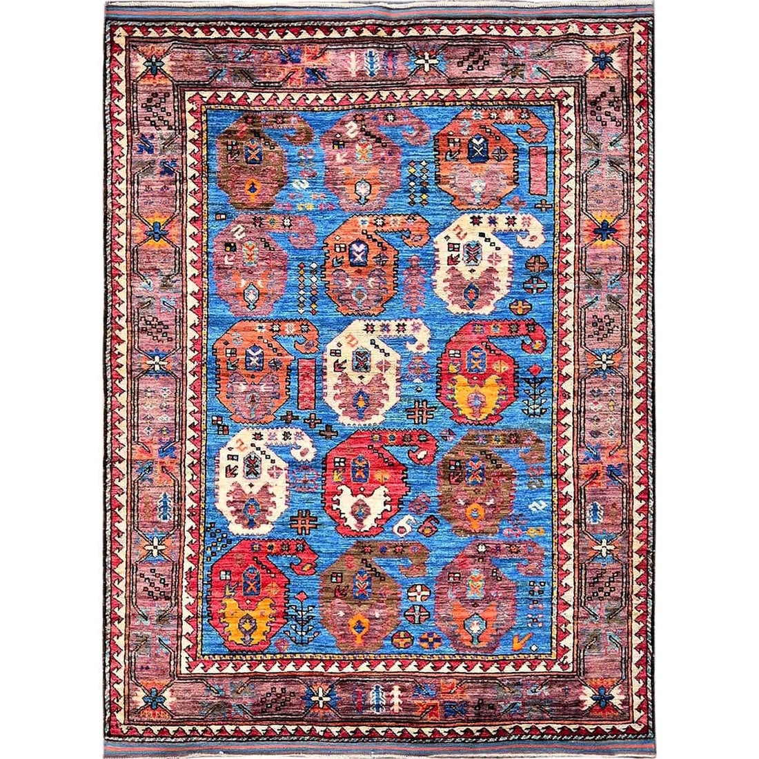 Rug 4'4"x5'9" Blue Afghan Caucasian Design Revival Hand Knotted Soft Wool (1 of 7)