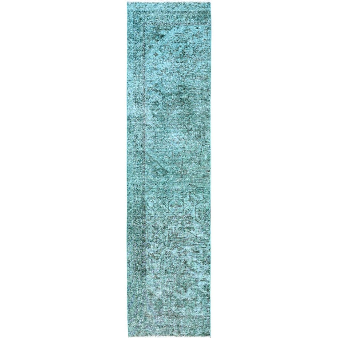 Rug 2'4"x10'2" Green Overdyed Vintage Zoroastrian Hand Knotted Wool Runner (1 of 7)