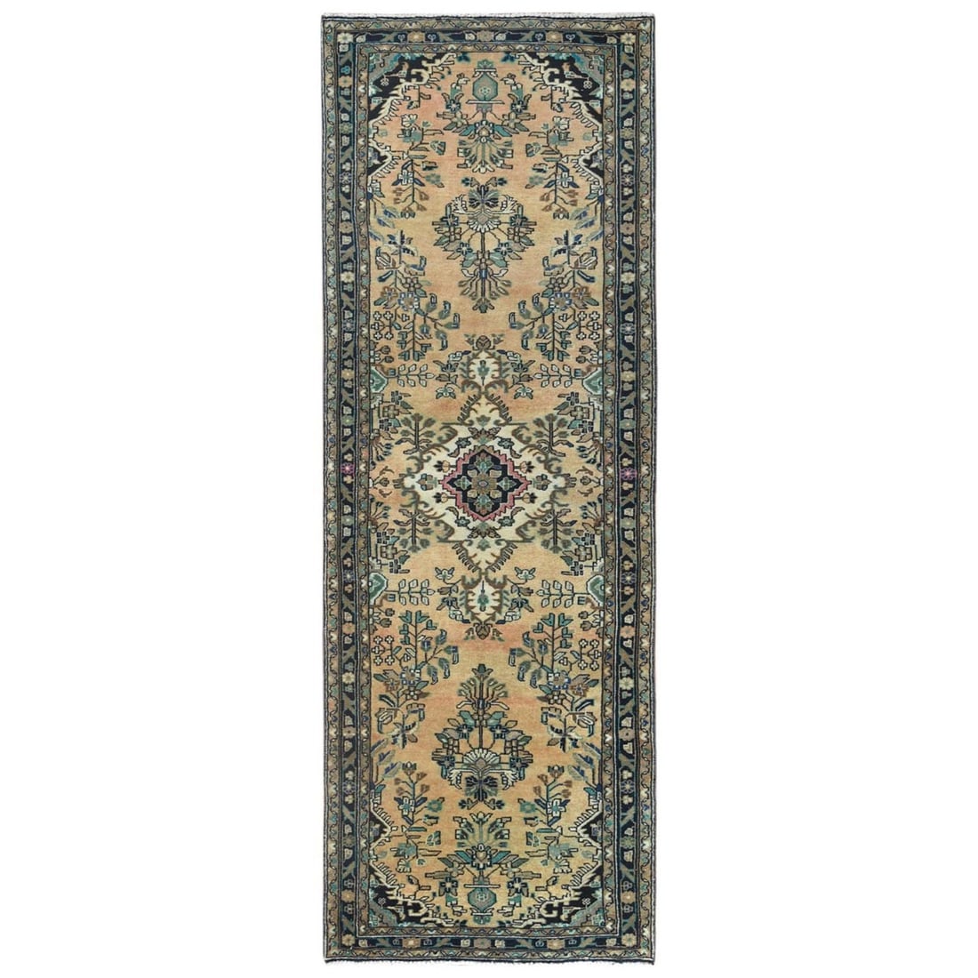 Rug 3'5"x10'1" Brown Vintage Farsian Worn Wool Hand Knotted Wide Runner (1 of 7)