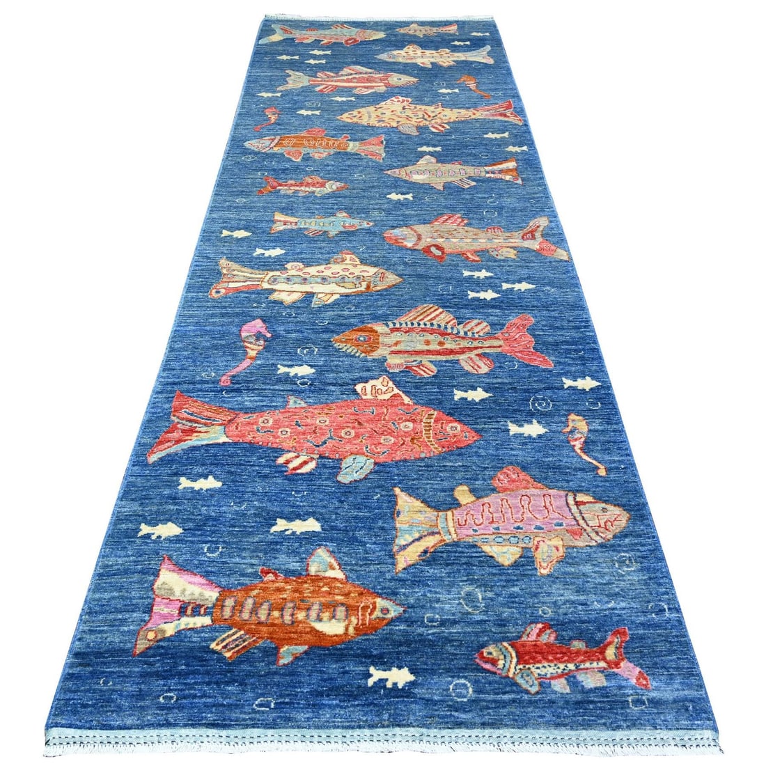 Rug 4'x11'7" Blue Wool Hand Knotted Peshawar Oceanic Fish Wide Runner (1 of 6)