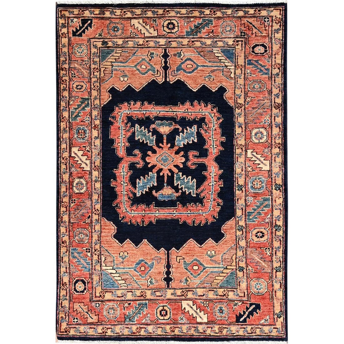 Hand 3'4"x5' Navy Blue Seeripe Heris with Medallion Design Pure Wool Rug (1 of 7)