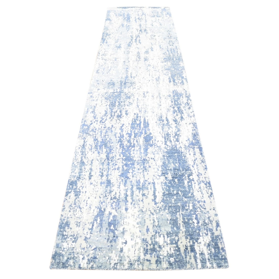 Rug 2'7"x12'2" Hand Knotted Abstract Design Wool and Real Silk Runner: Rug 2'7"x12'2" Hand Knotted Abstract Design Wool and Real Silk Runner This listing features Rug 2'7"x12'2" Hand Knotted Abstract Design Wool and Real Silk Runner. Item specifics are provided below. It