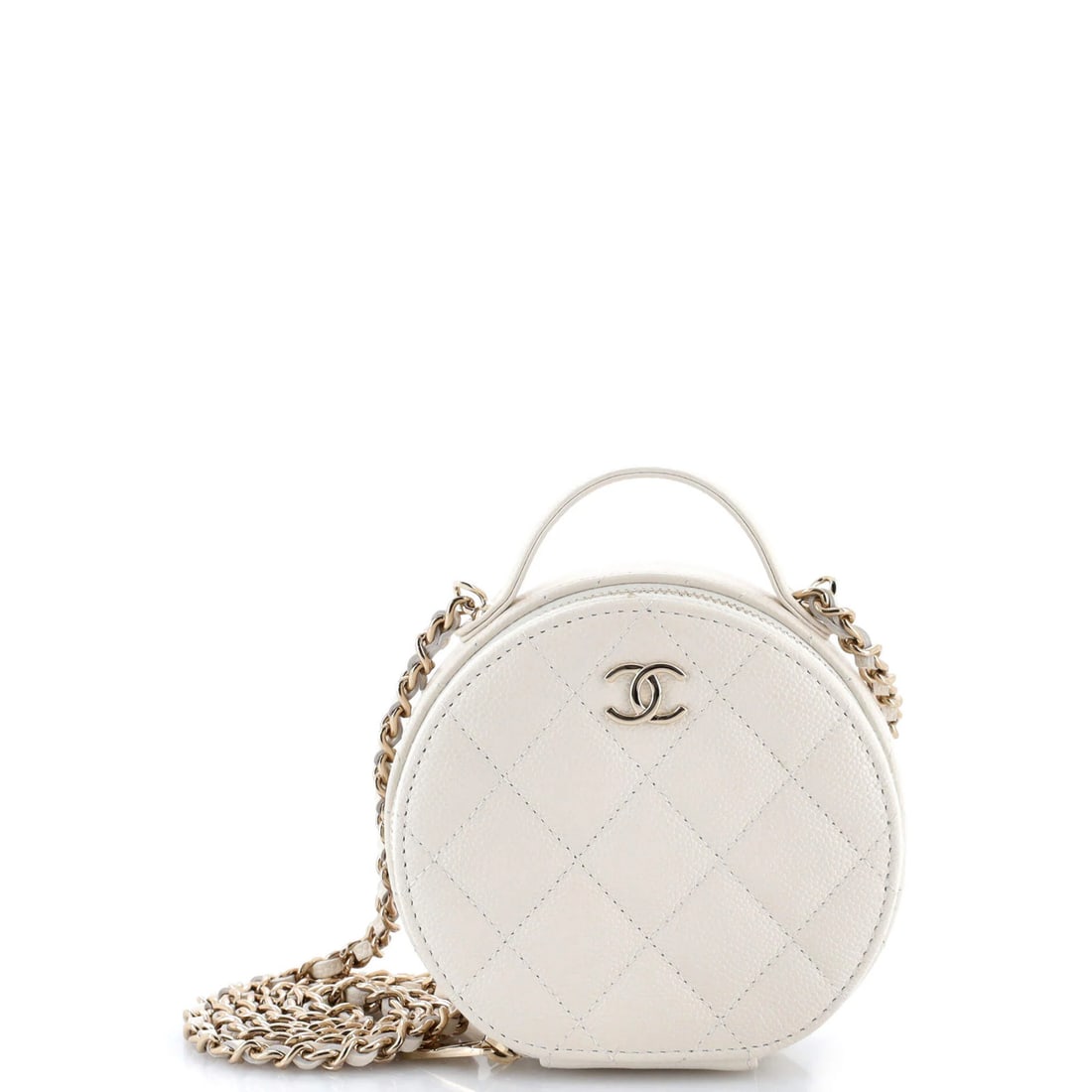 Small Chanel Handle with Care Round Vanity Case with Chain Quilted Caviar: Small Chanel Handle with Care Round Vanity Case with Chain Quilted Caviar This listing features Small Chanel Handle with Care Round Vanity Case with Chain Quilted Caviar. Item specifics are provided b