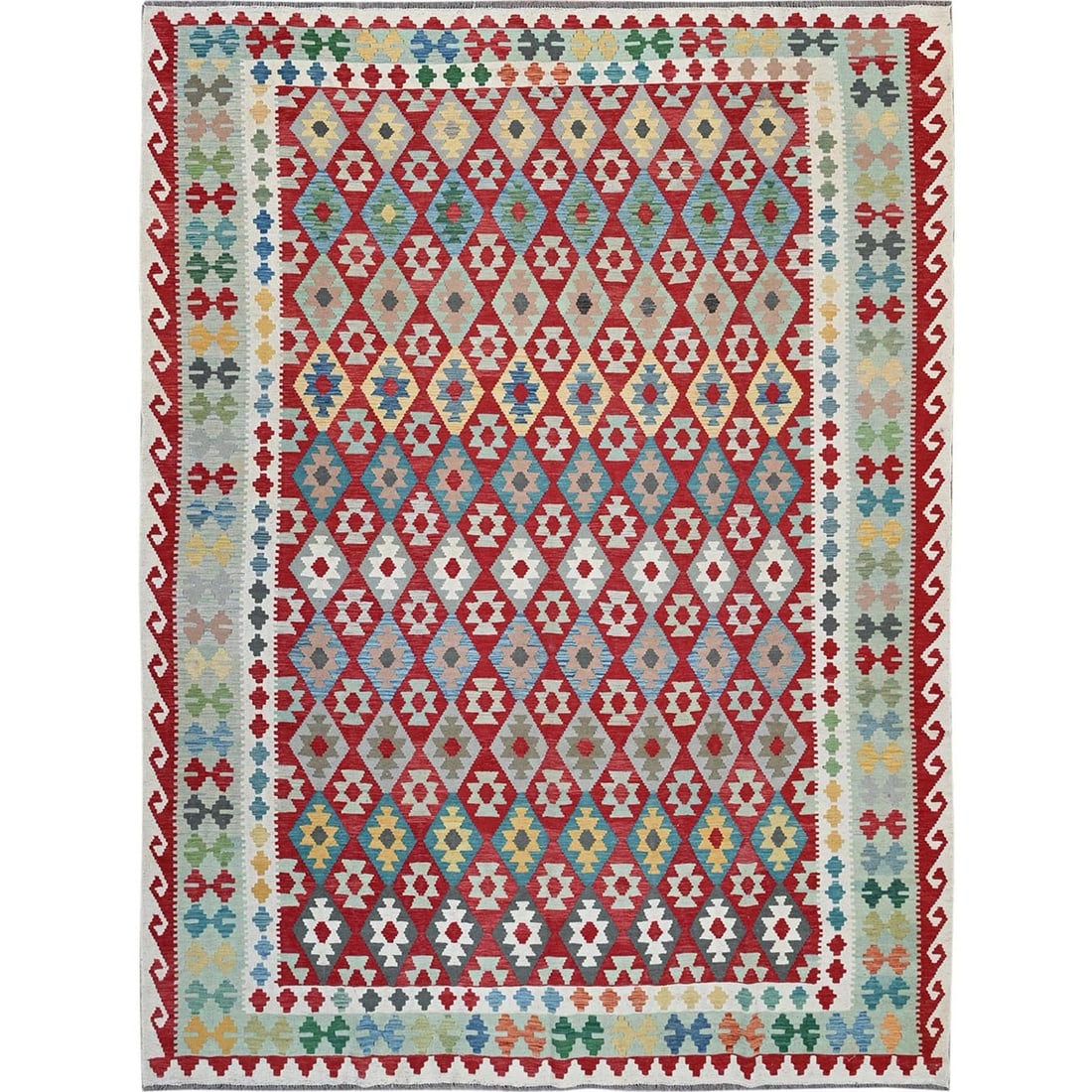 Rug 8'10"x11'8" Crimson Red Afghan Kilim Pure Wool Hand Woven Flat Weave (1 of 6)