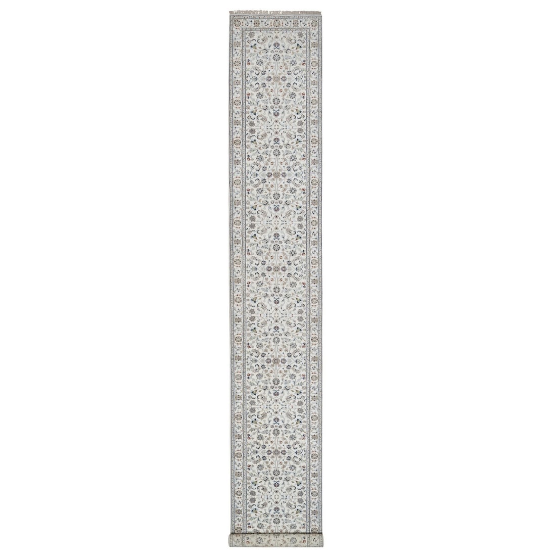 Rug 2'9"x18' Ivory Nain Flower Pattern Wool and Silk Hand Knotted Runner: Rug 2'9"x18' Ivory Nain Flower Pattern Wool and Silk Hand Knotted Runner This listing features Rug 2'9"x18' Ivory Nain Flower Pattern Wool and Silk Hand Knotted Runner. Item specifics are provided bel