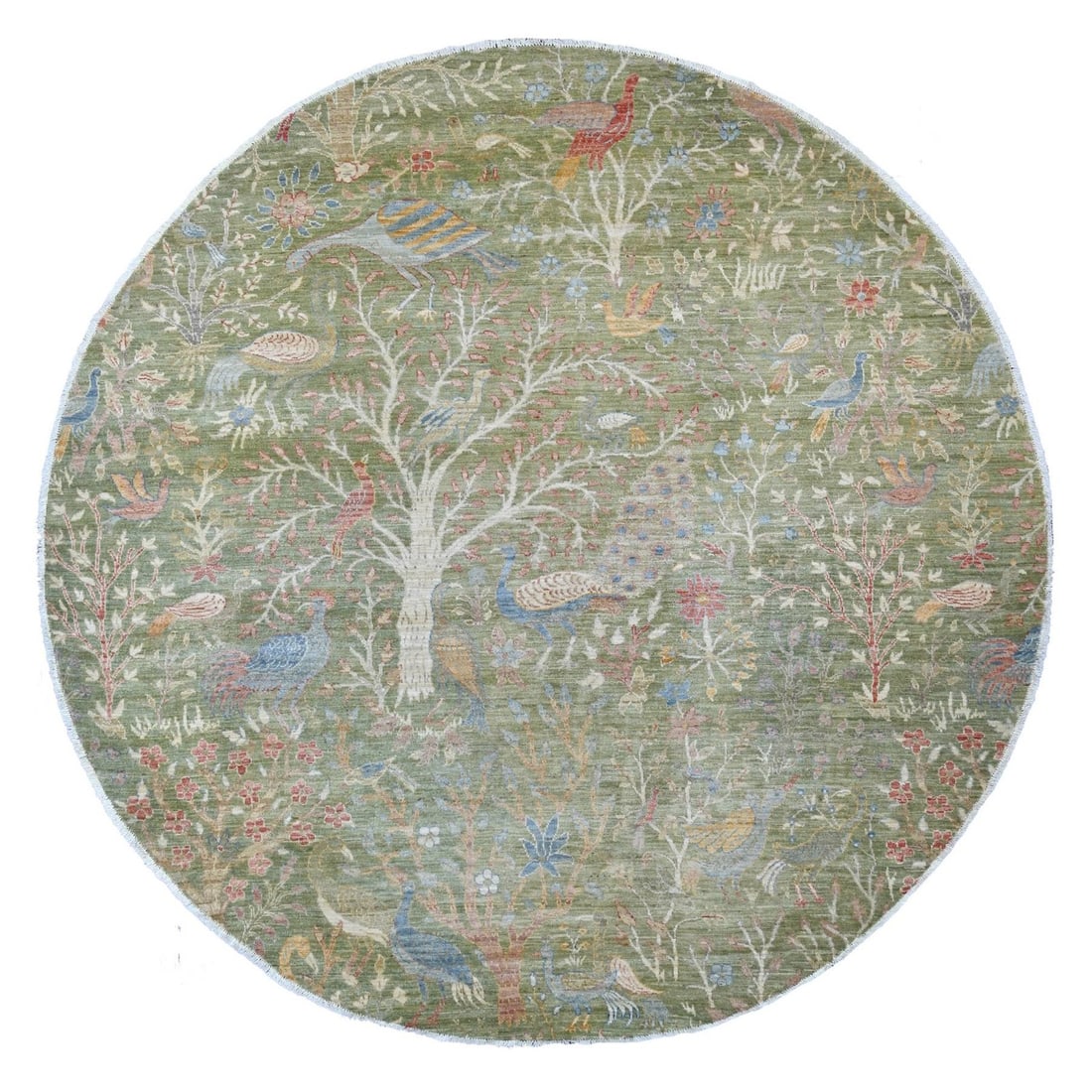 Rug 8'x8' Green Peshawar Birds of Paradise Design Hand Knotted Wool Round (1 of 11)