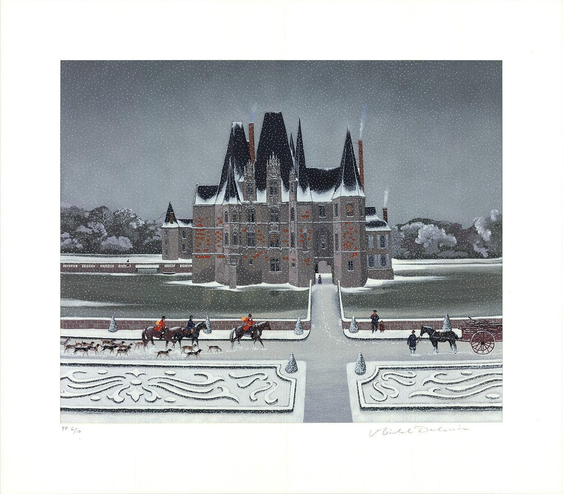 Contemporary MICHEL DELACROIX Chasse a Cour SIGNED 24.5" x 28" Serigraph 1998 (1 of 5)