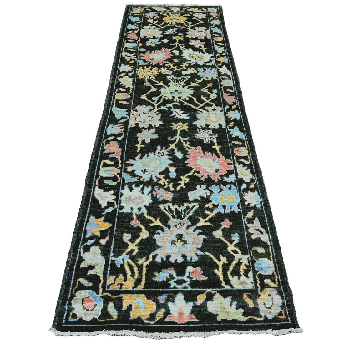 Rug 3'x9'9" Black Angora Oushak Leaf Design Hand Knotted Pure Wool Runner (1 of 6)
