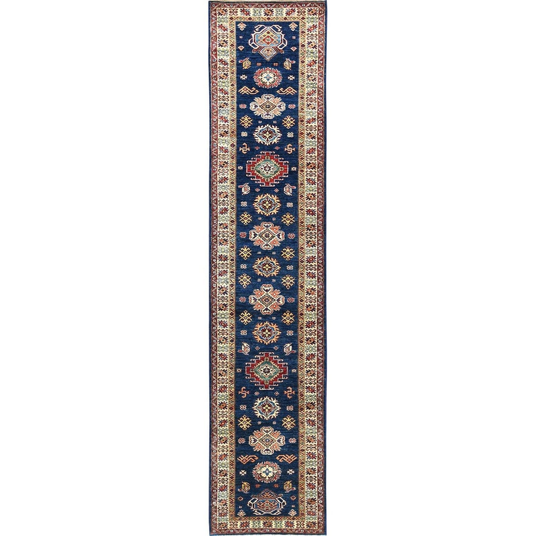 Rug 2'10"x13'2" Prussian Blue Afghan Super Kazak Wool Hand Knotted: Rug 2'10"x13'2" Prussian Blue Afghan Super Kazak Wool Hand Knotted This listing features Rug 2'10"x13'2" Prussian Blue Afghan Super Kazak Wool Hand Knotted. Item specifics are provided below. Item Spe