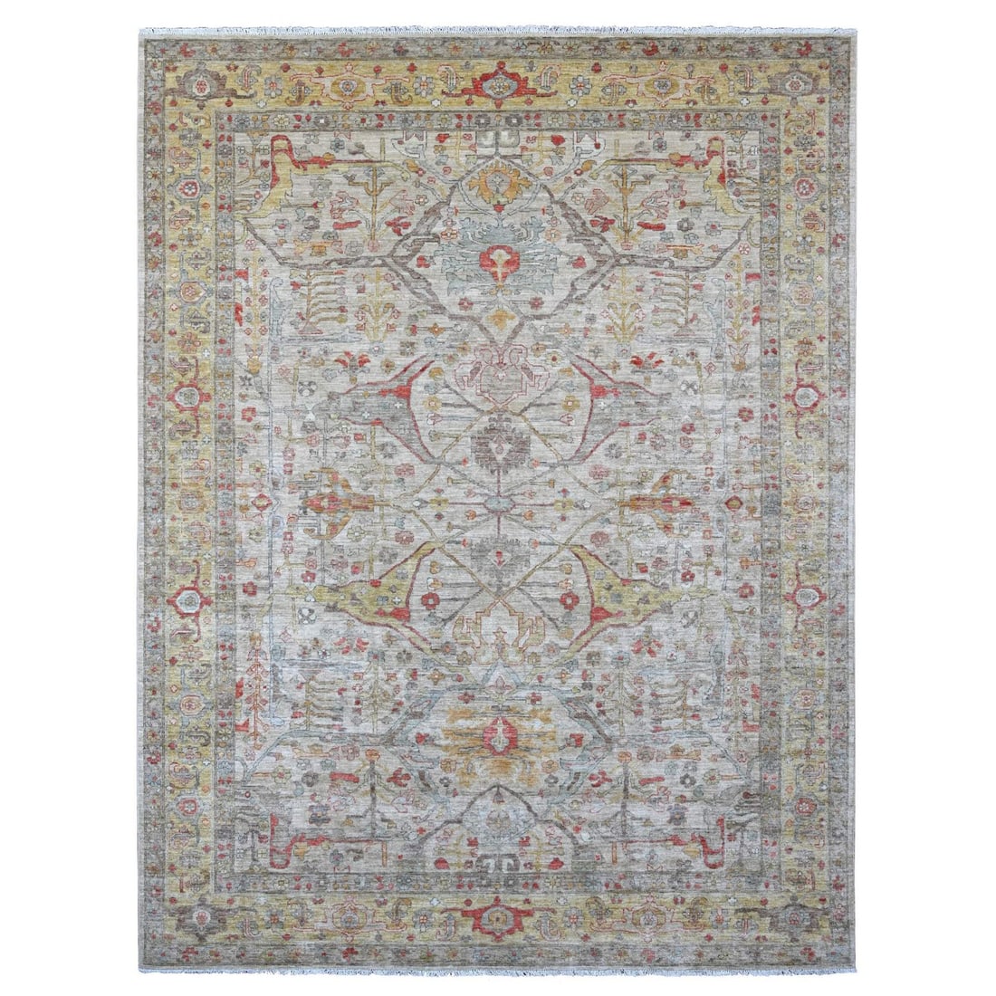Rug 9'x11'10" Oyster Gray Peshawar Bijar Garus Design Hand Knotted Wool: Rug 9'x11'10" Oyster Gray Peshawar Bijar Garus Design Hand Knotted Wool This listing features Rug 9'x11'10" Oyster Gray Peshawar Bijar Garus Design Hand Knotted Wool. Item specifics are provided below